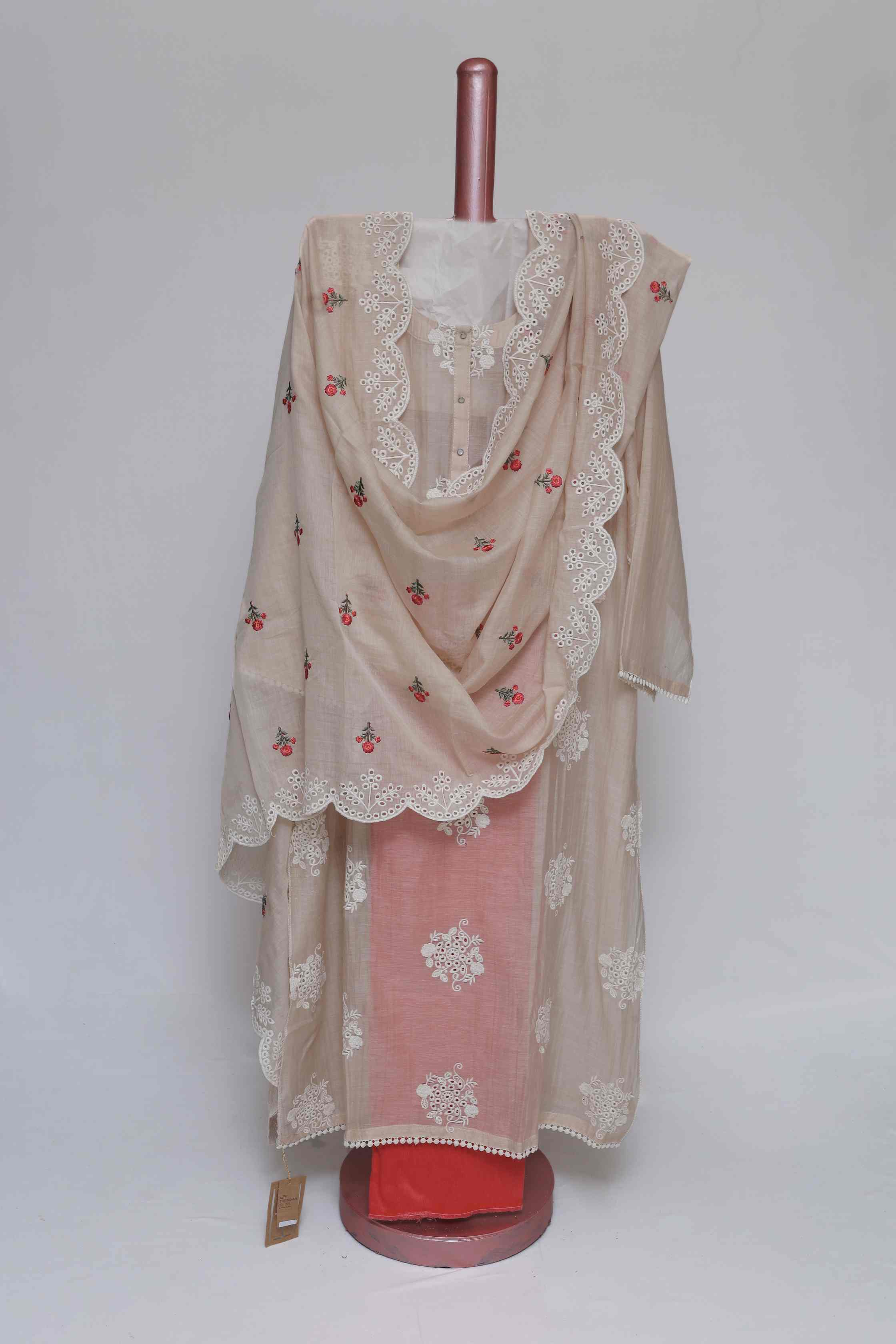 FAWN CHANDERI EMBROIDERED  SEMI STITCHED SUIT SET