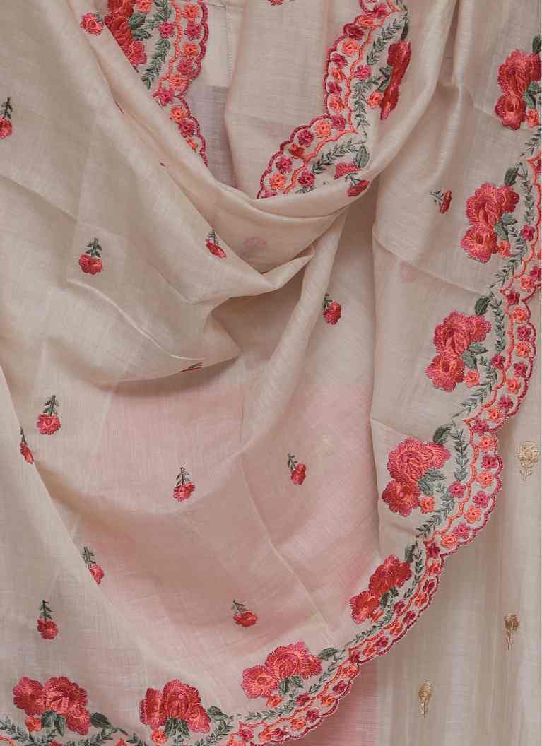 FAWN CHANDERI EMBROIDERED  SEMI STITCHED SUIT SET