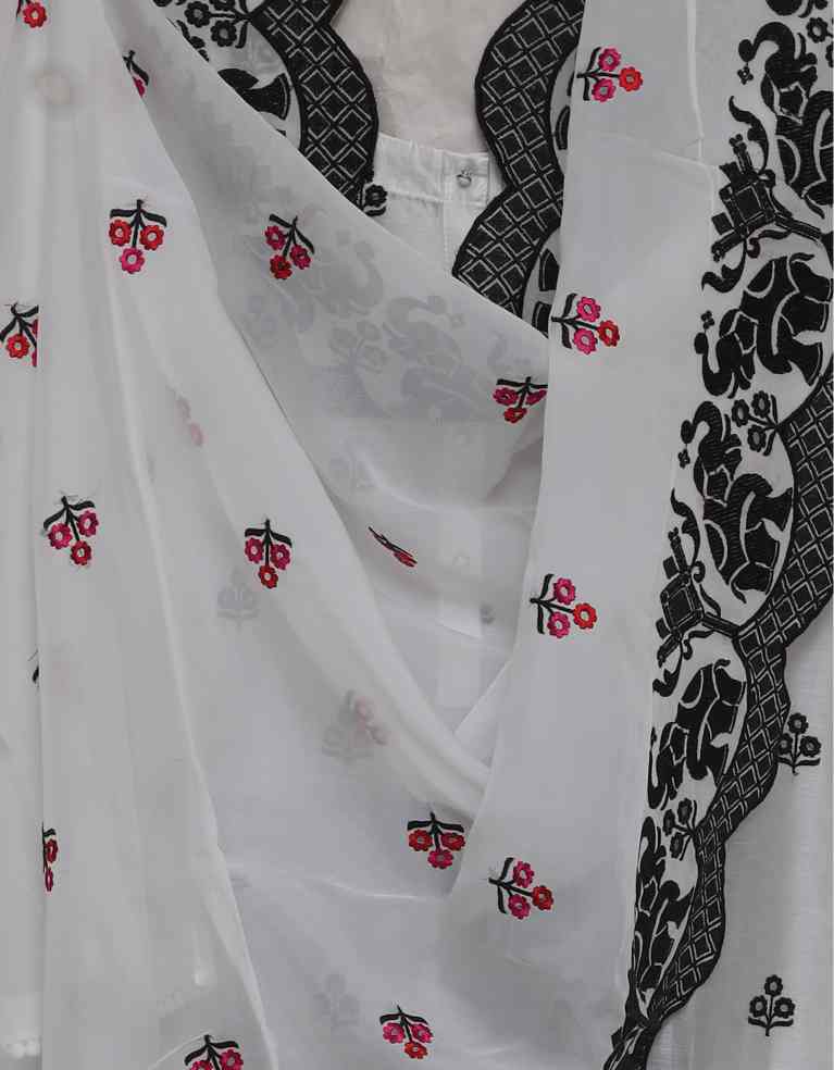 WHITE CHANDERI EMBROIDERED  SEMI STITCHED SUIT SET