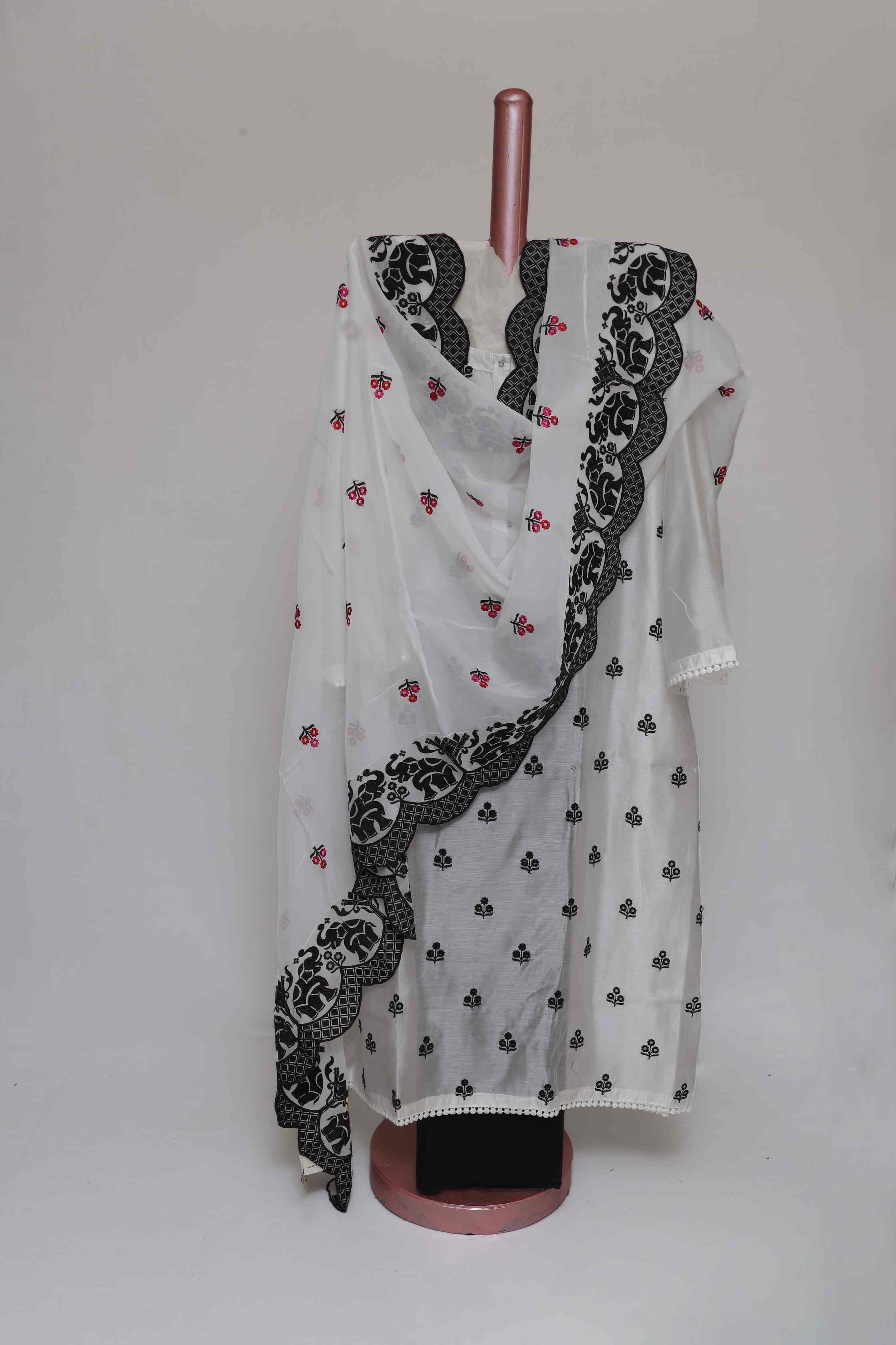 WHITE CHANDERI EMBROIDERED  SEMI STITCHED SUIT SET