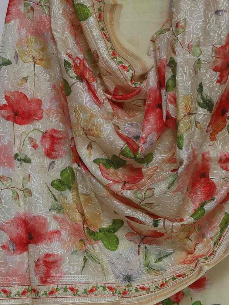 PASTEL YELLOW PRINTED CHANDERI  & EMBROIDERED UNSTITCHED  SUIT SET