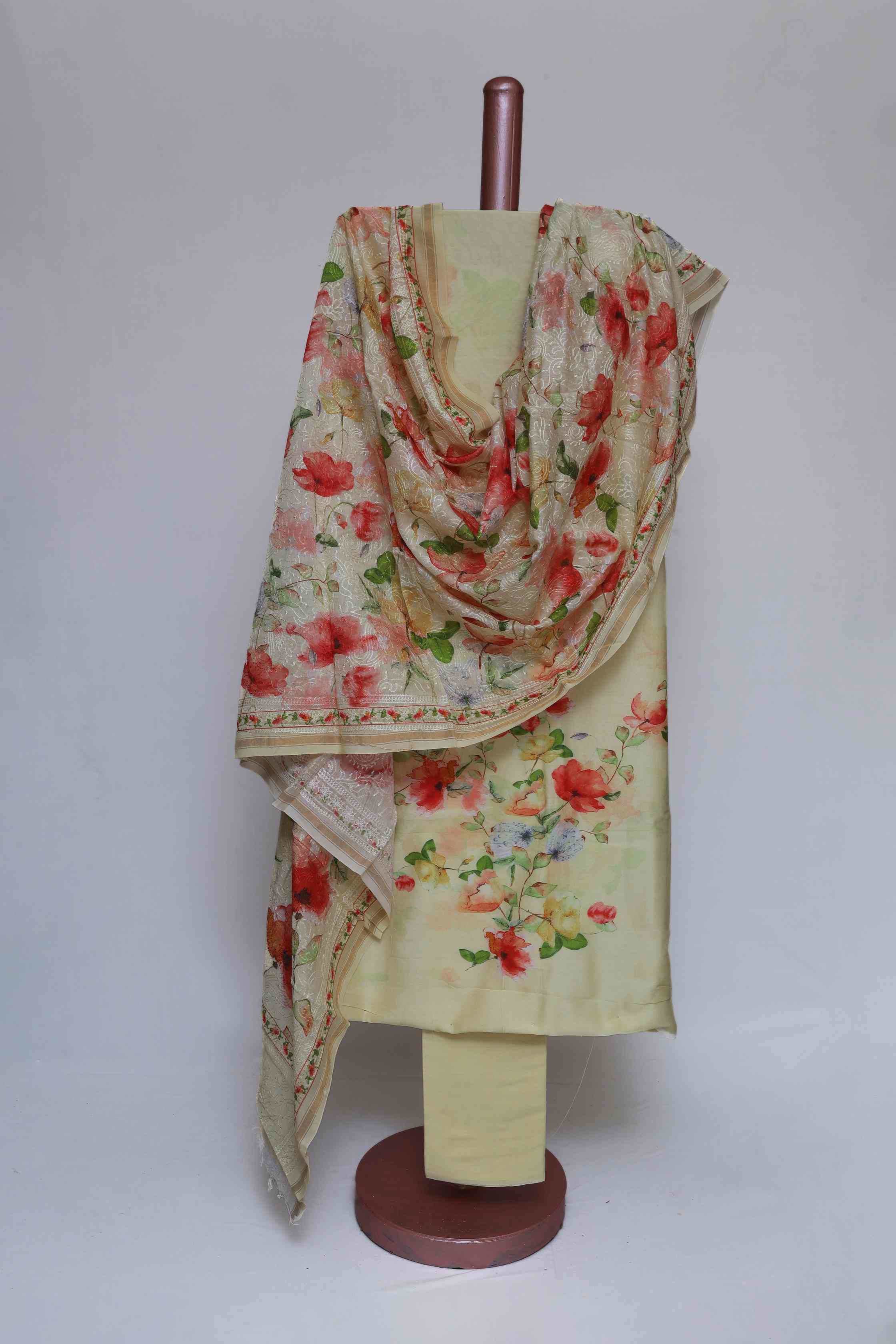 PASTEL YELLOW PRINTED CHANDERI  & EMBROIDERED UNSTITCHED  SUIT SET