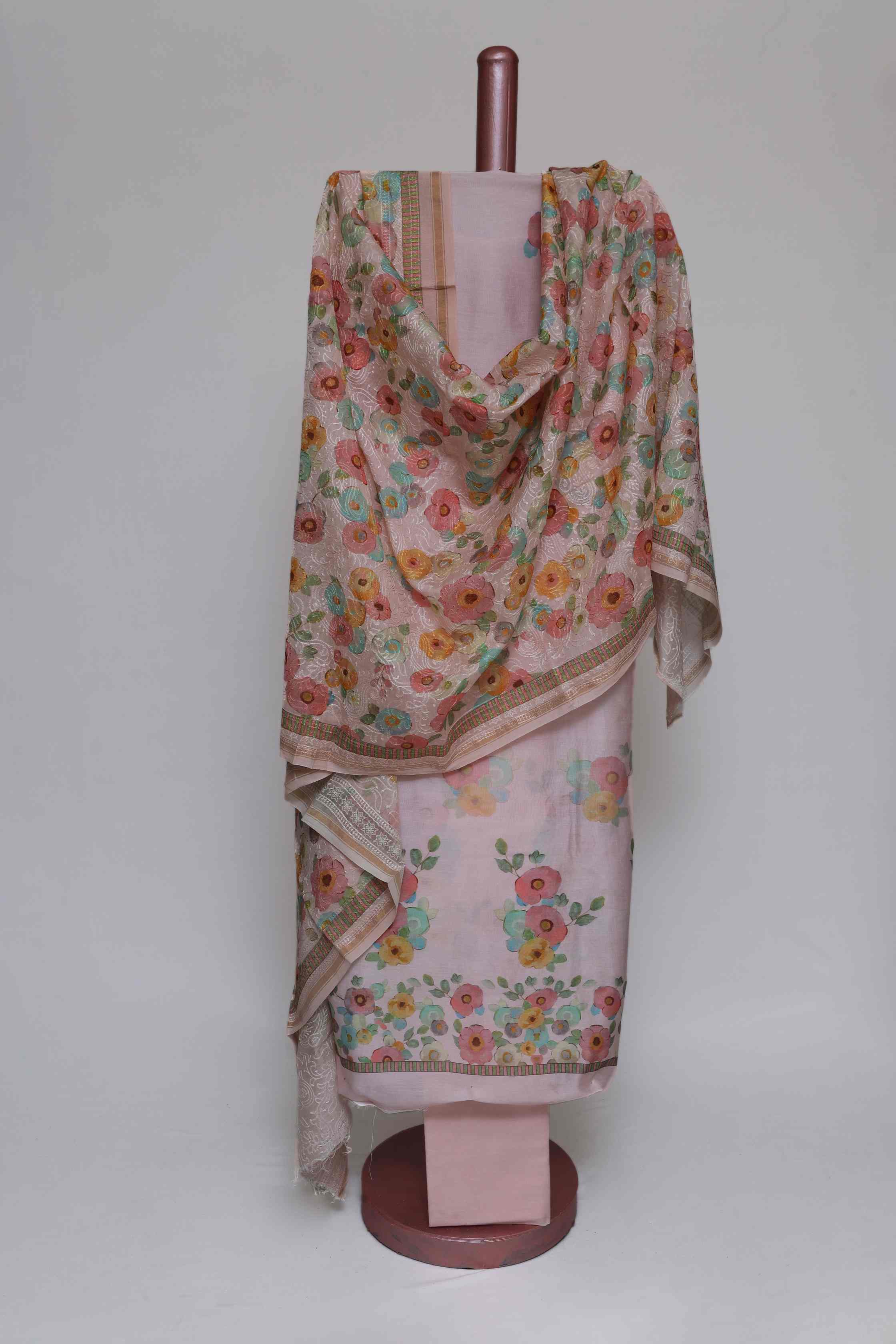 PASTEL PINK PRINTED CHANDERI  & EMBROIDERED UNSTITCHED  SUIT SET