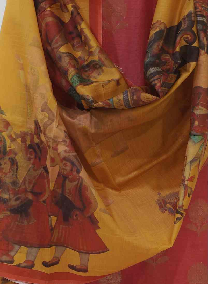 MAROON RED ZARI CHANDERI  UNSTITCHED SUIT SET WITH  CONTRAST PRINTED DUPATTA