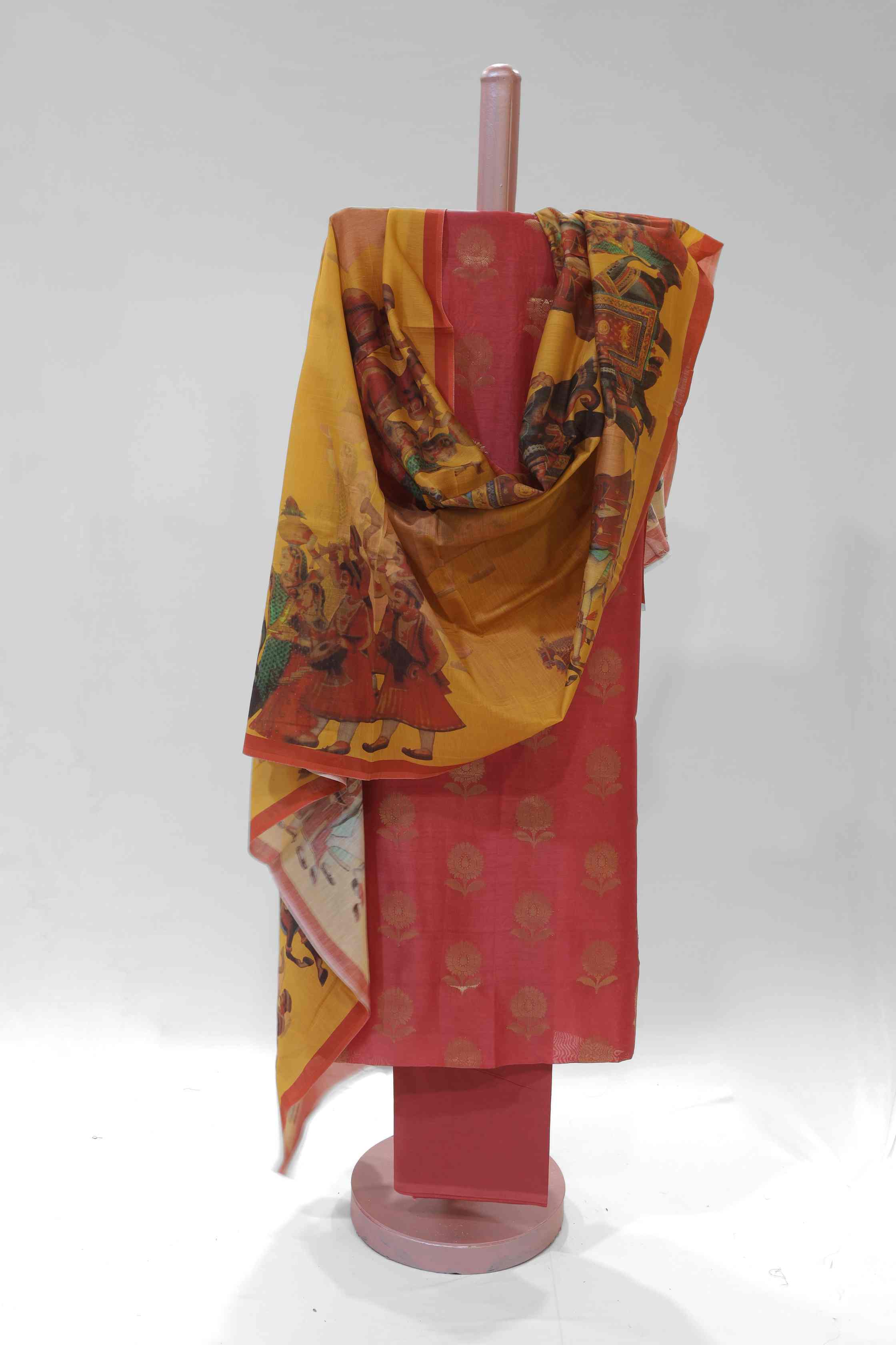 MAROON RED ZARI CHANDERI  UNSTITCHED SUIT SET WITH  CONTRAST PRINTED DUPATTA