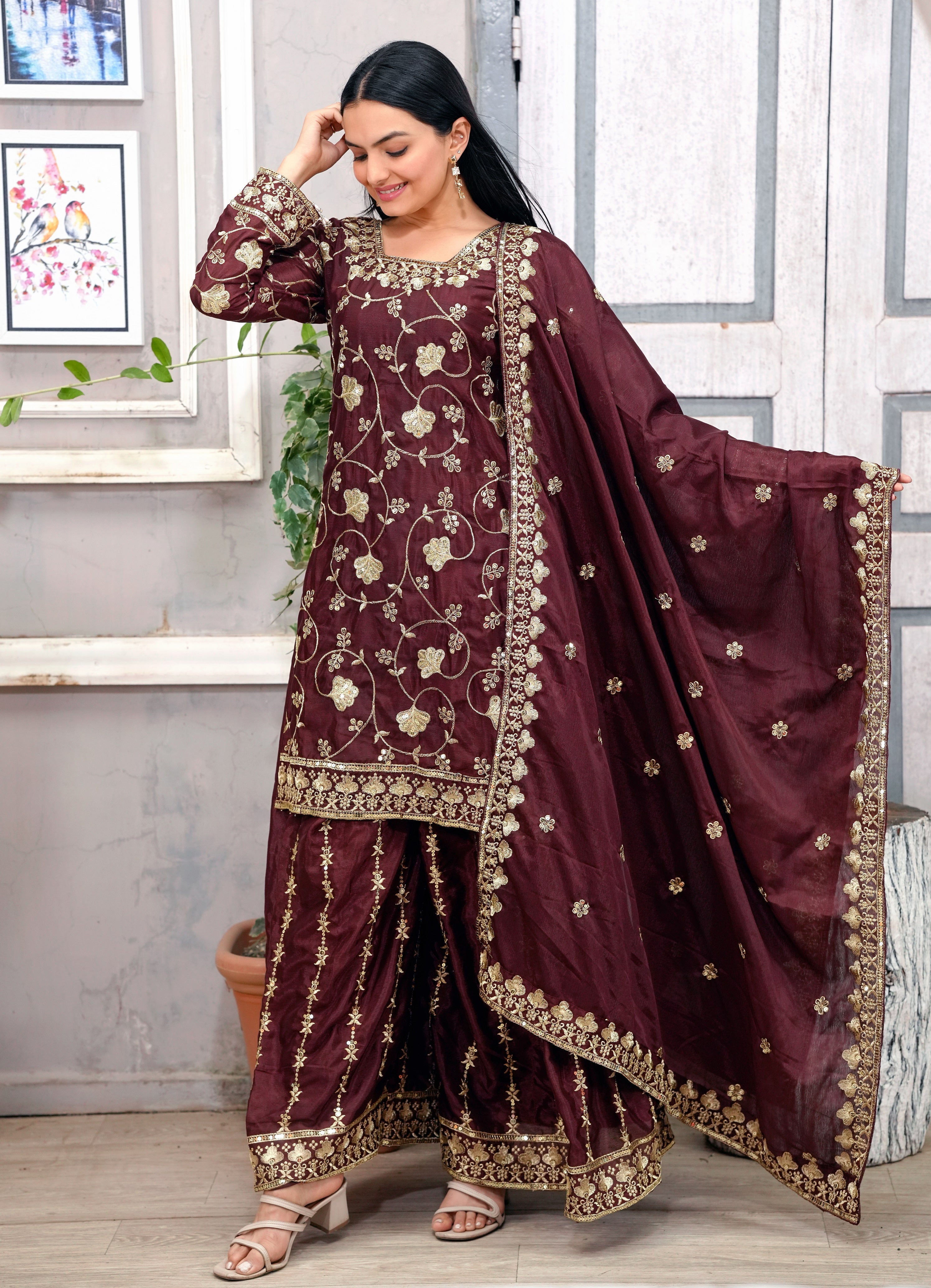 Designer Party Wear Sharara Suit With Sequence Embroidered Work