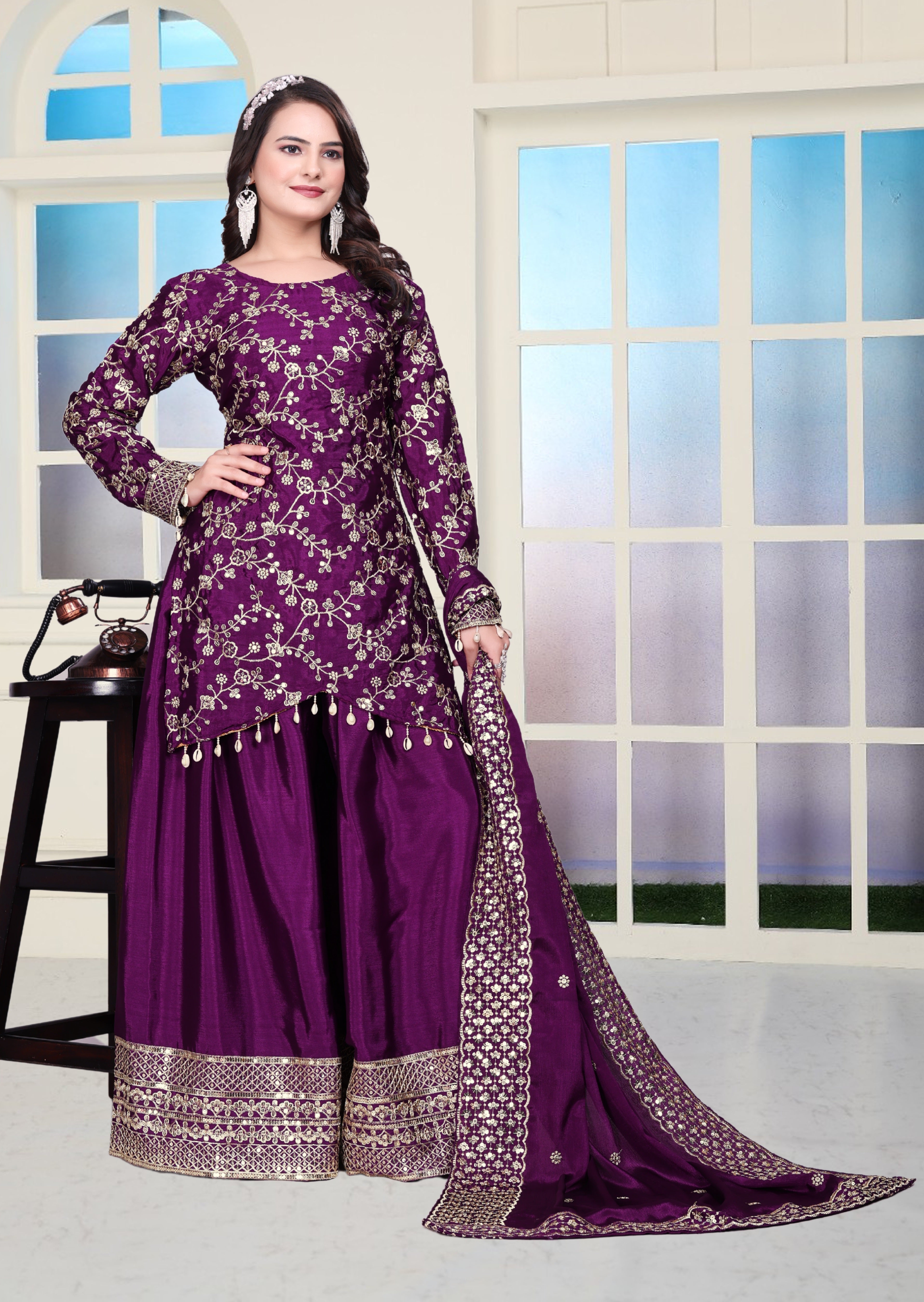 Designer Party Wear Sharara Suit With Sequence Embroidered Work