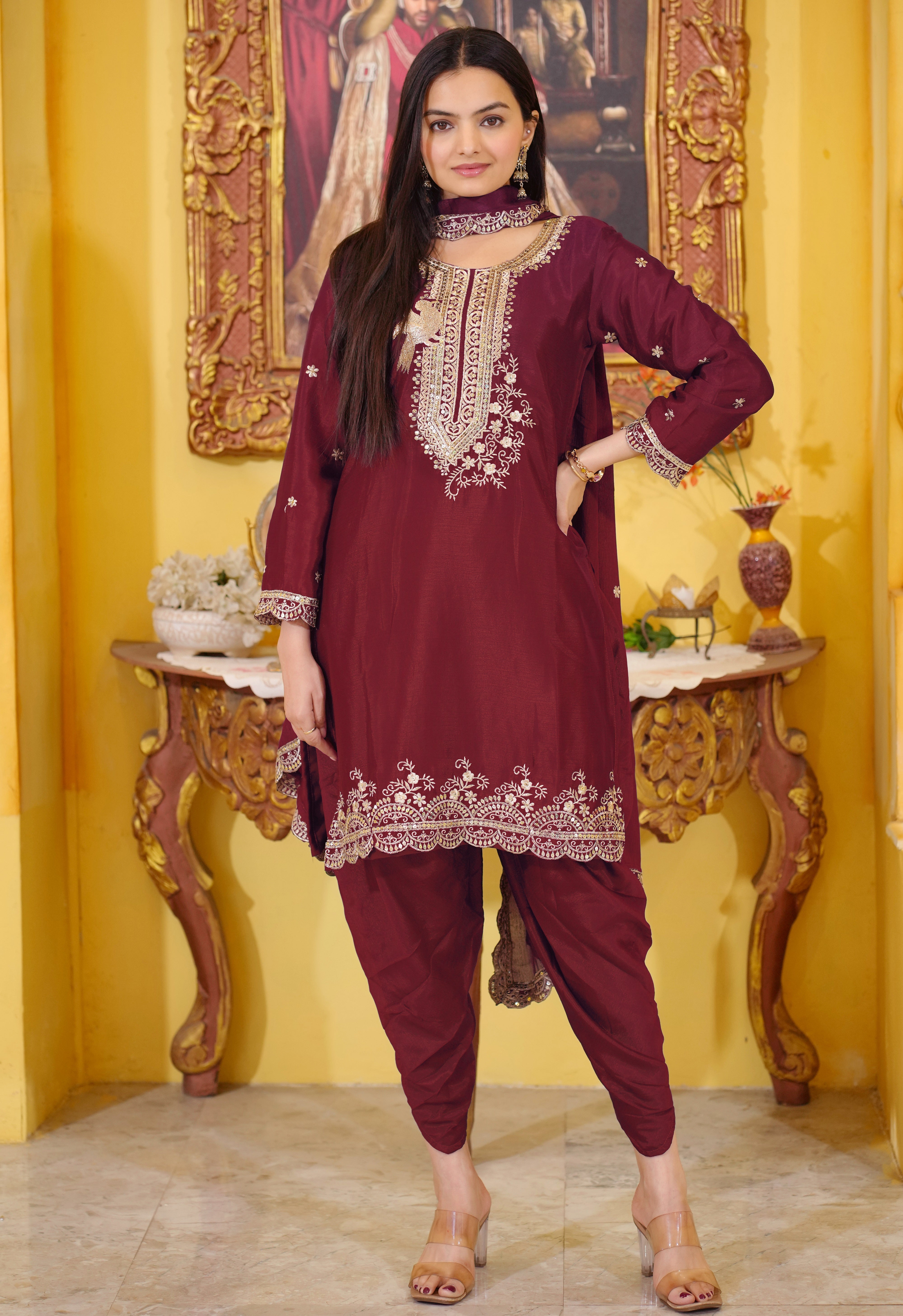 Designer Embroidered Chinon Dhoti Suit With Sequence Embroidered Work