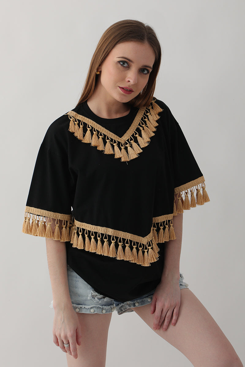 Black with Golden Tassel Oversized T-Shirt