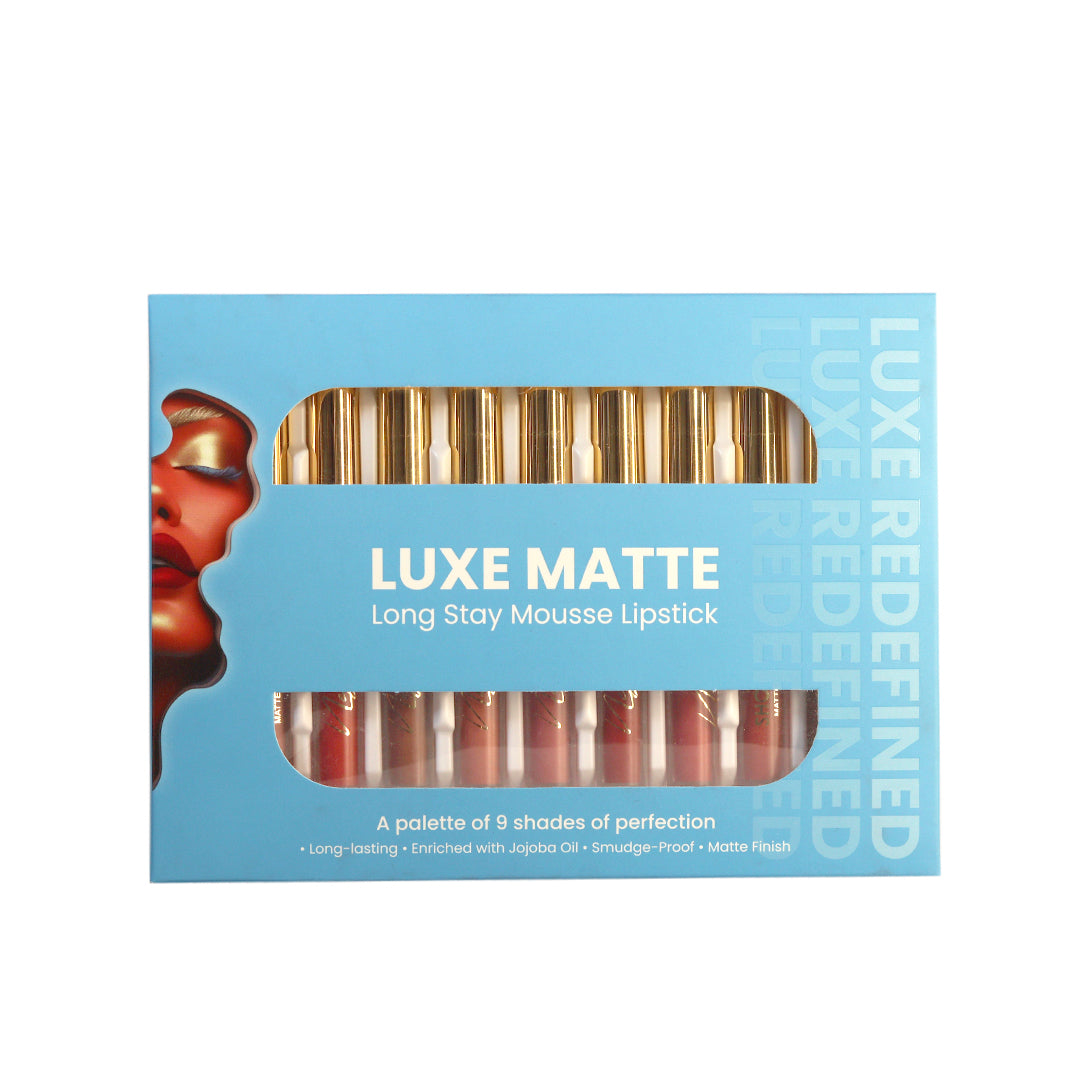 LUXE MATTE LONG SLAY MOUSSE LIPSTICK (PALETTE OF 9 – 2 VARIANTS BROWNS & NUDES)