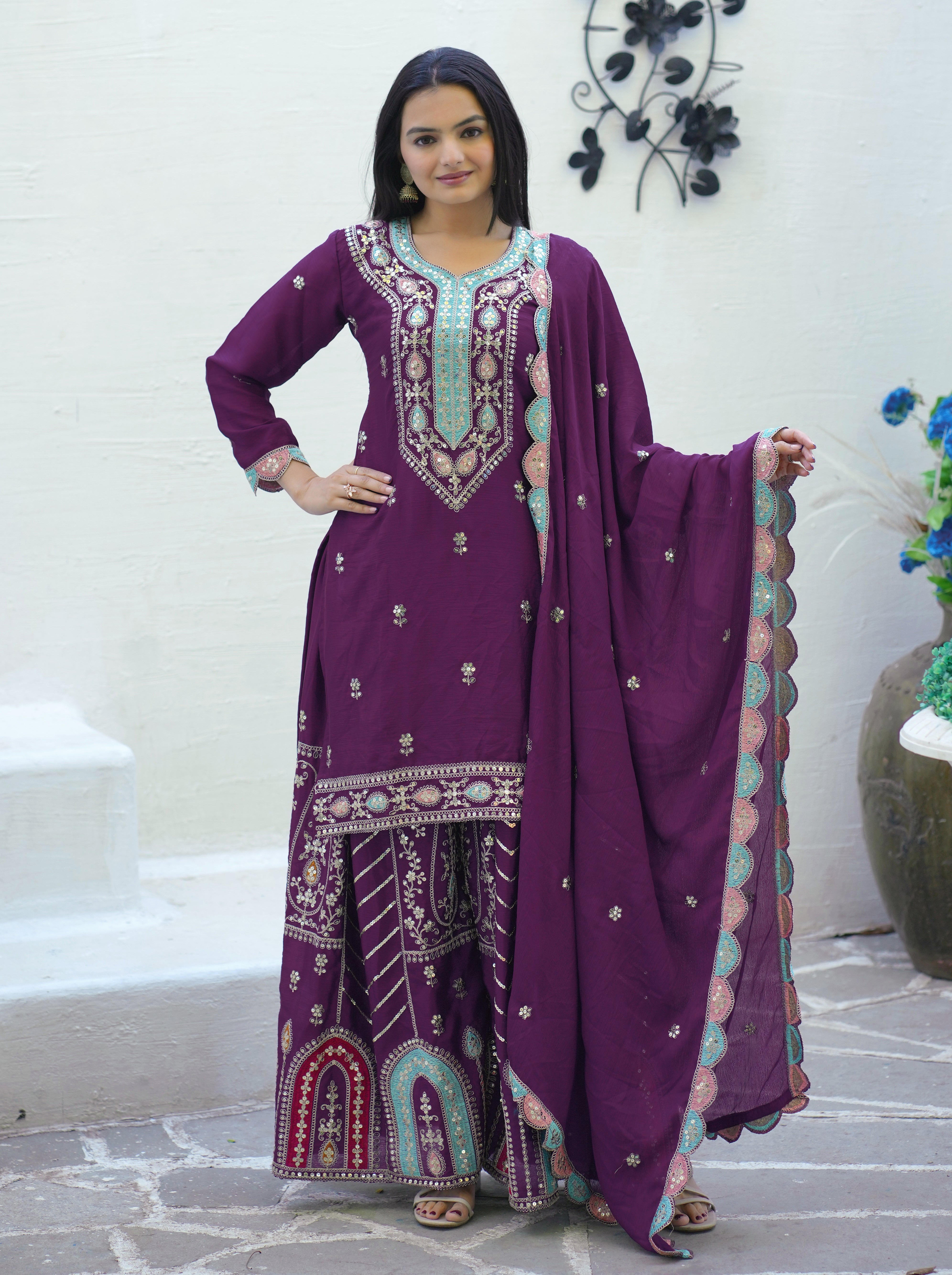 Beautiful Party Wear Suit With Sequence Embroidered Work
