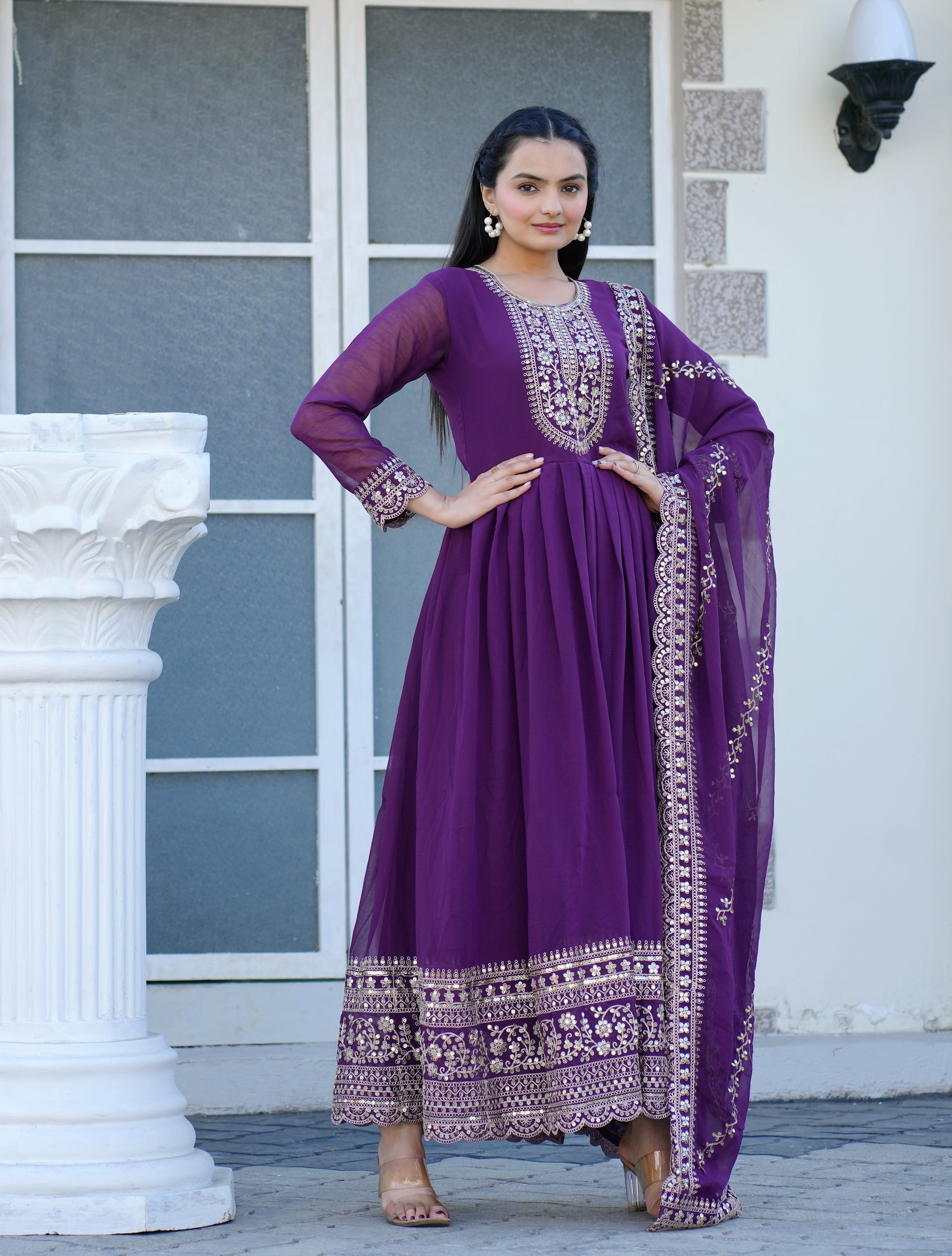 Designer Embroidered Gown With Coding Sequence Embroidered Work