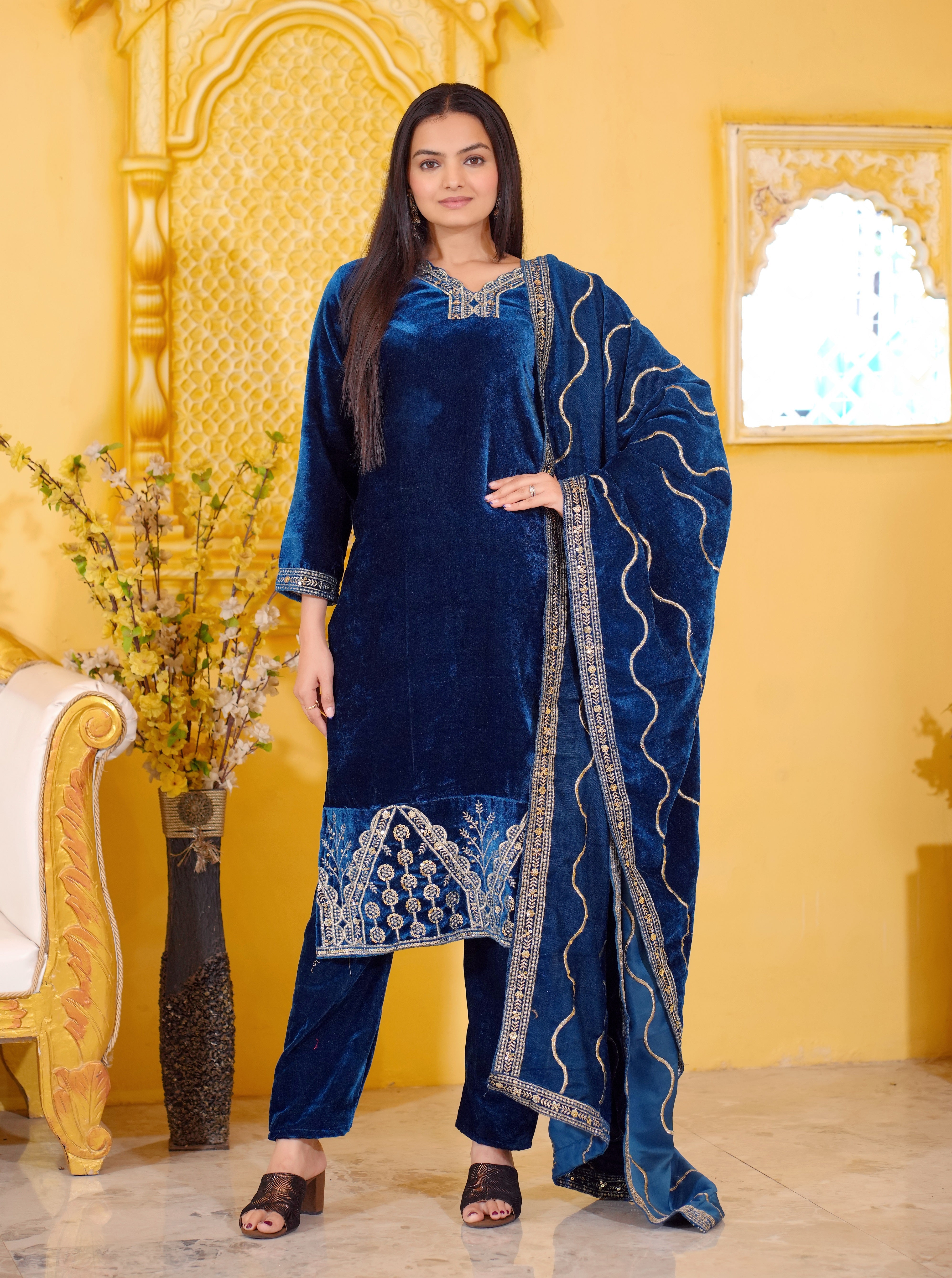 Designer Party Wear Velvet Suit With Embroidered Work
