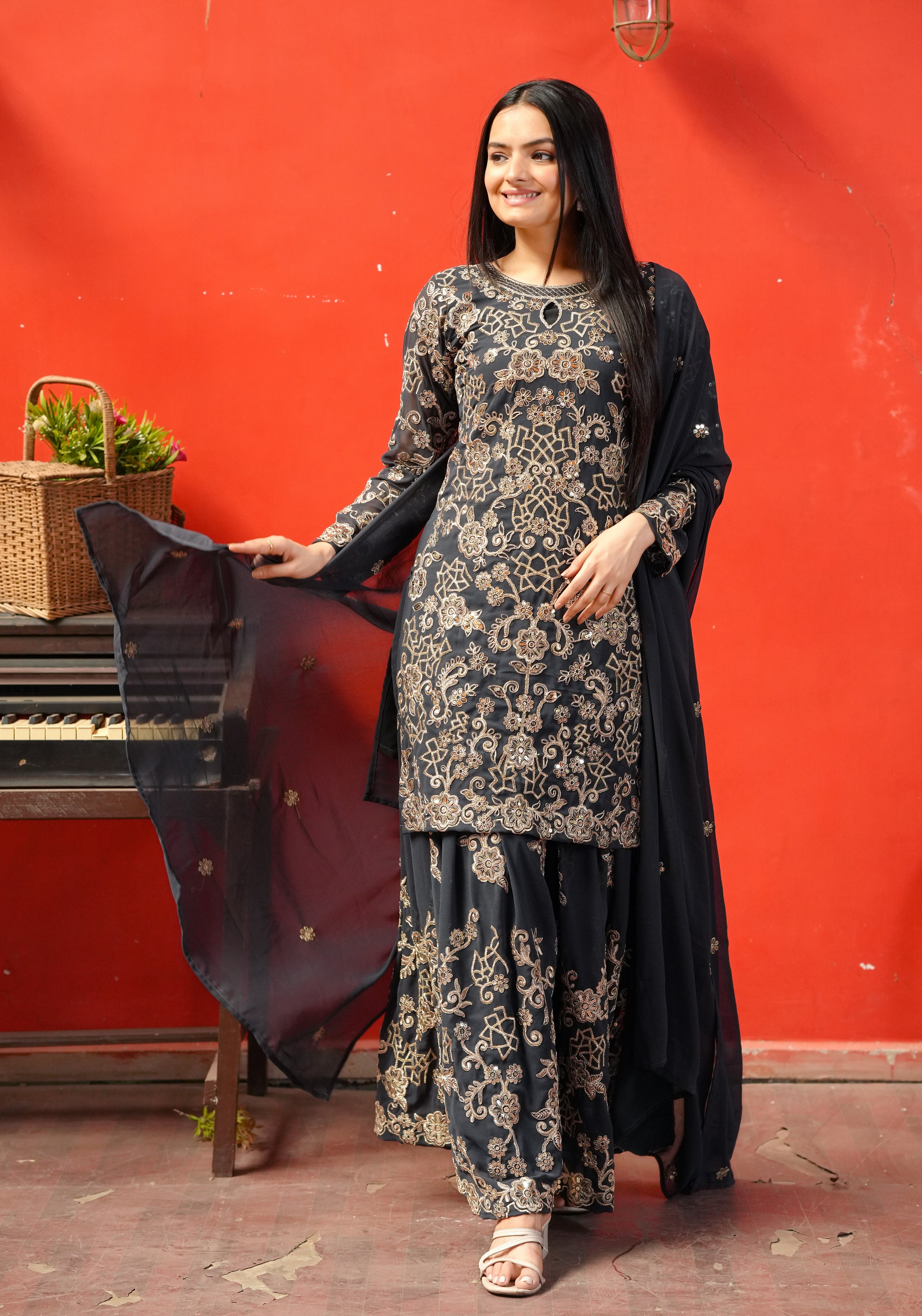 Designer Sharara Suit With Coding Sequence Embroidered Work