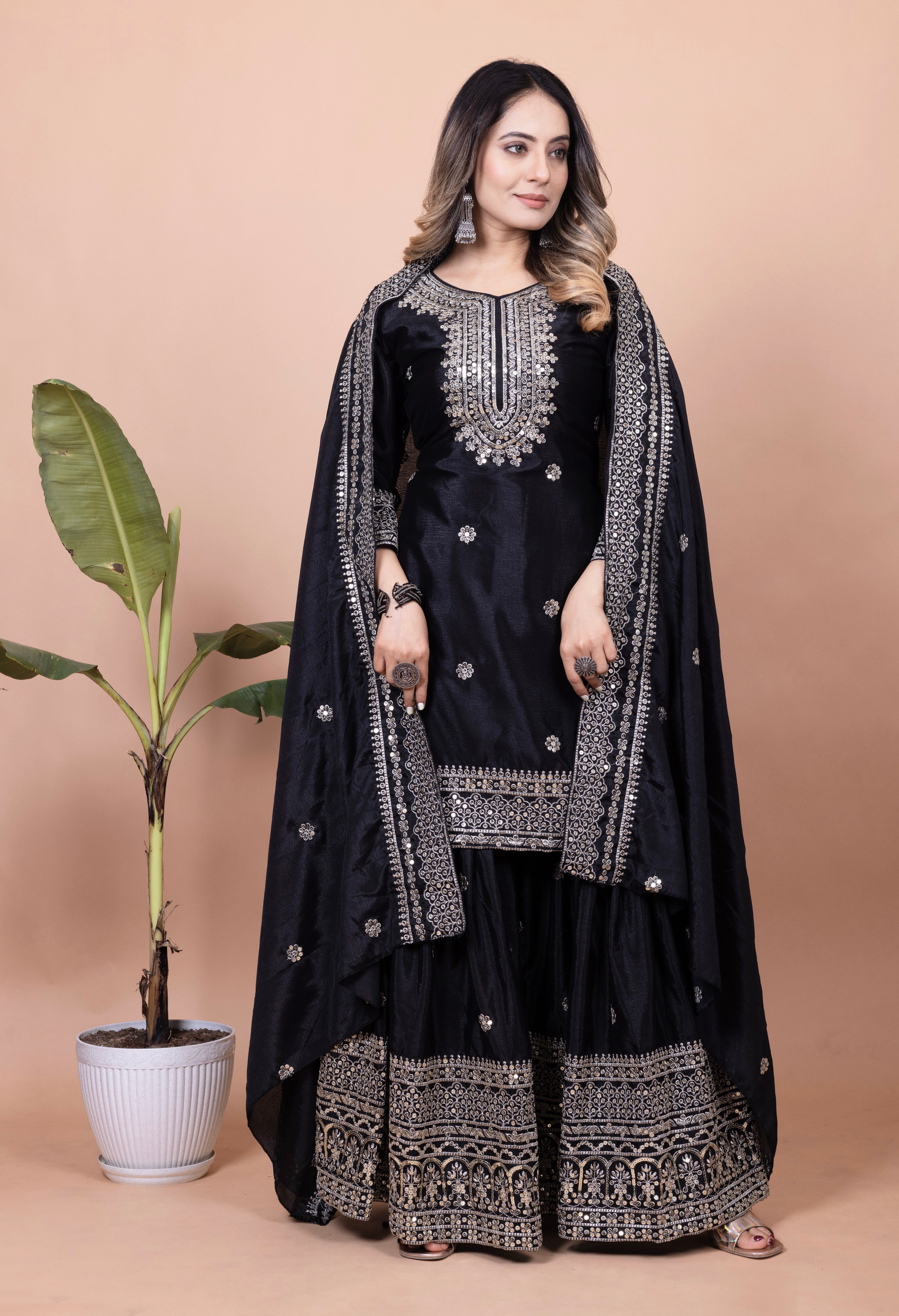 Designer Sharara Suit And Dupatta With Sequence Embroidered Work