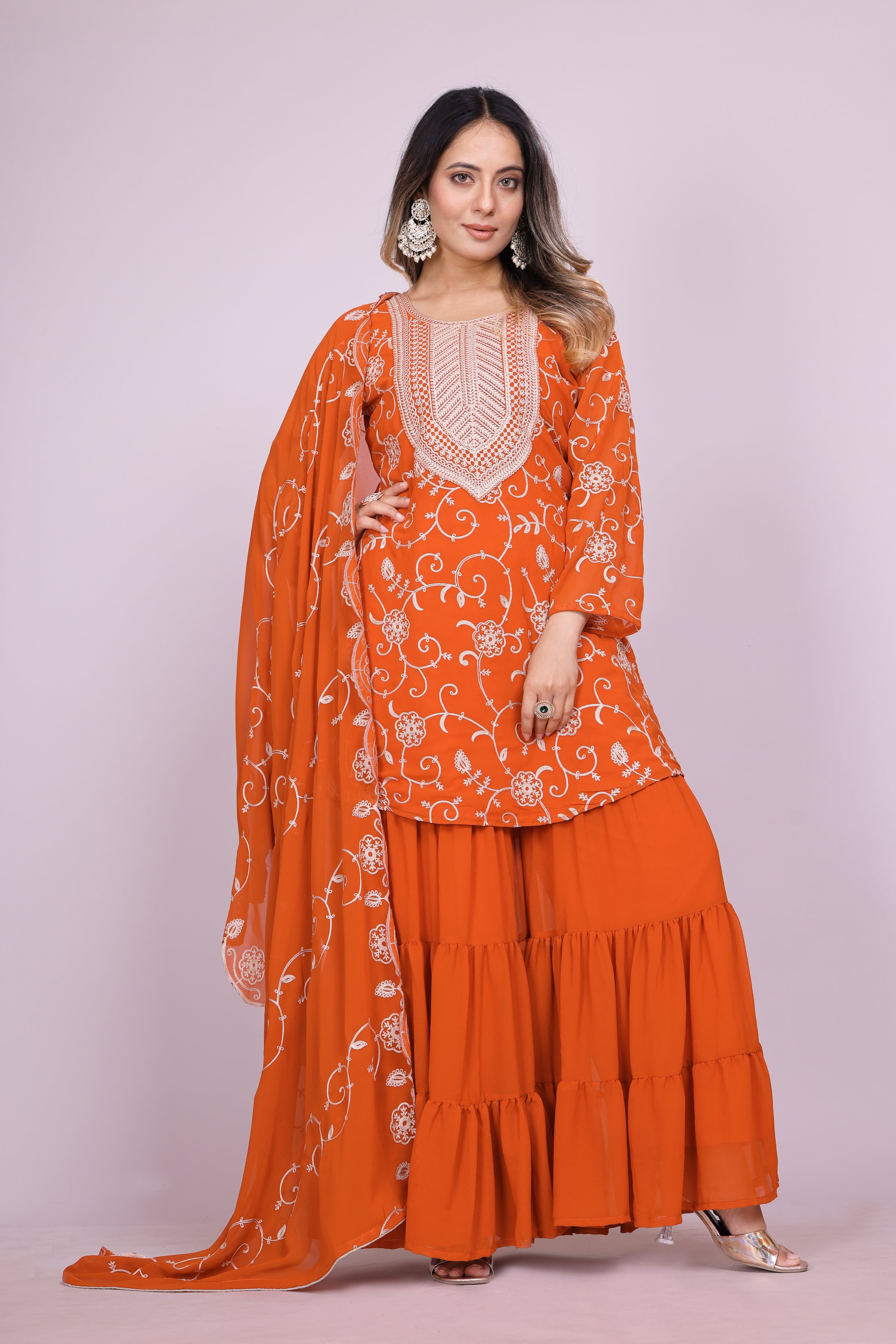 Designer Embroidered Georgette Sharara Suit With Dupatta