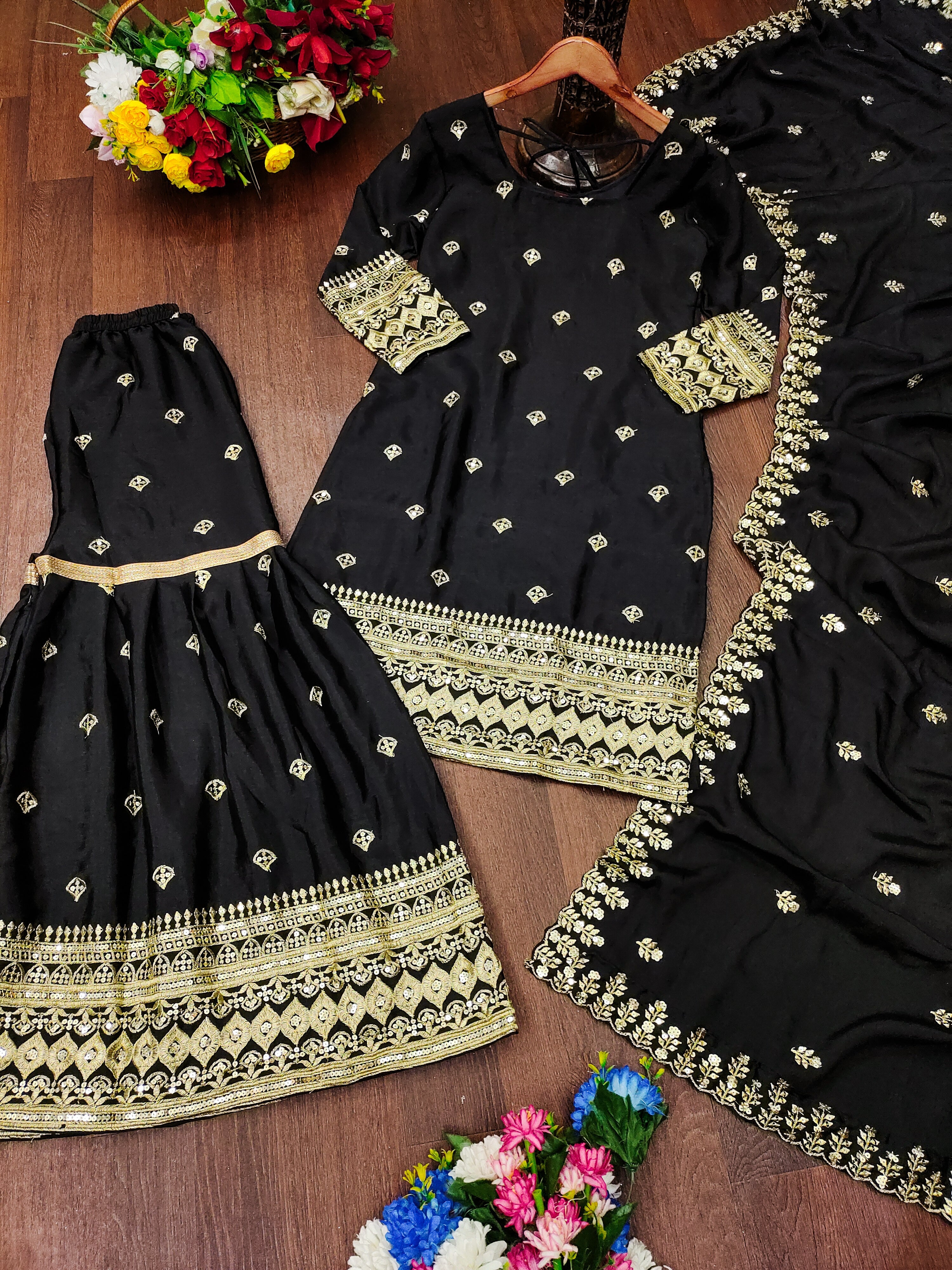 Designer Embroidered Chinon Suit With Sequence Embroidered Work