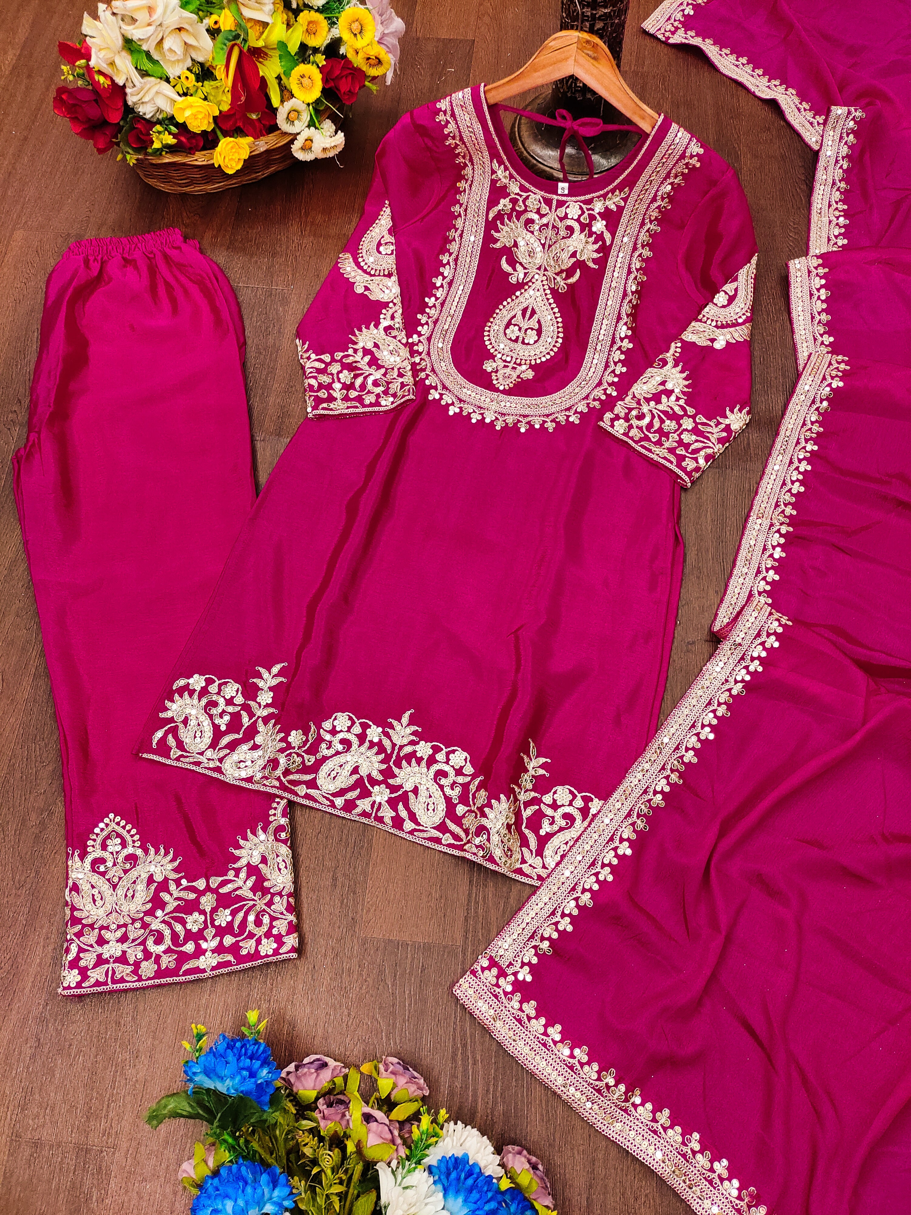 Designer Suit Set With Coding Sequence Embroidered Work