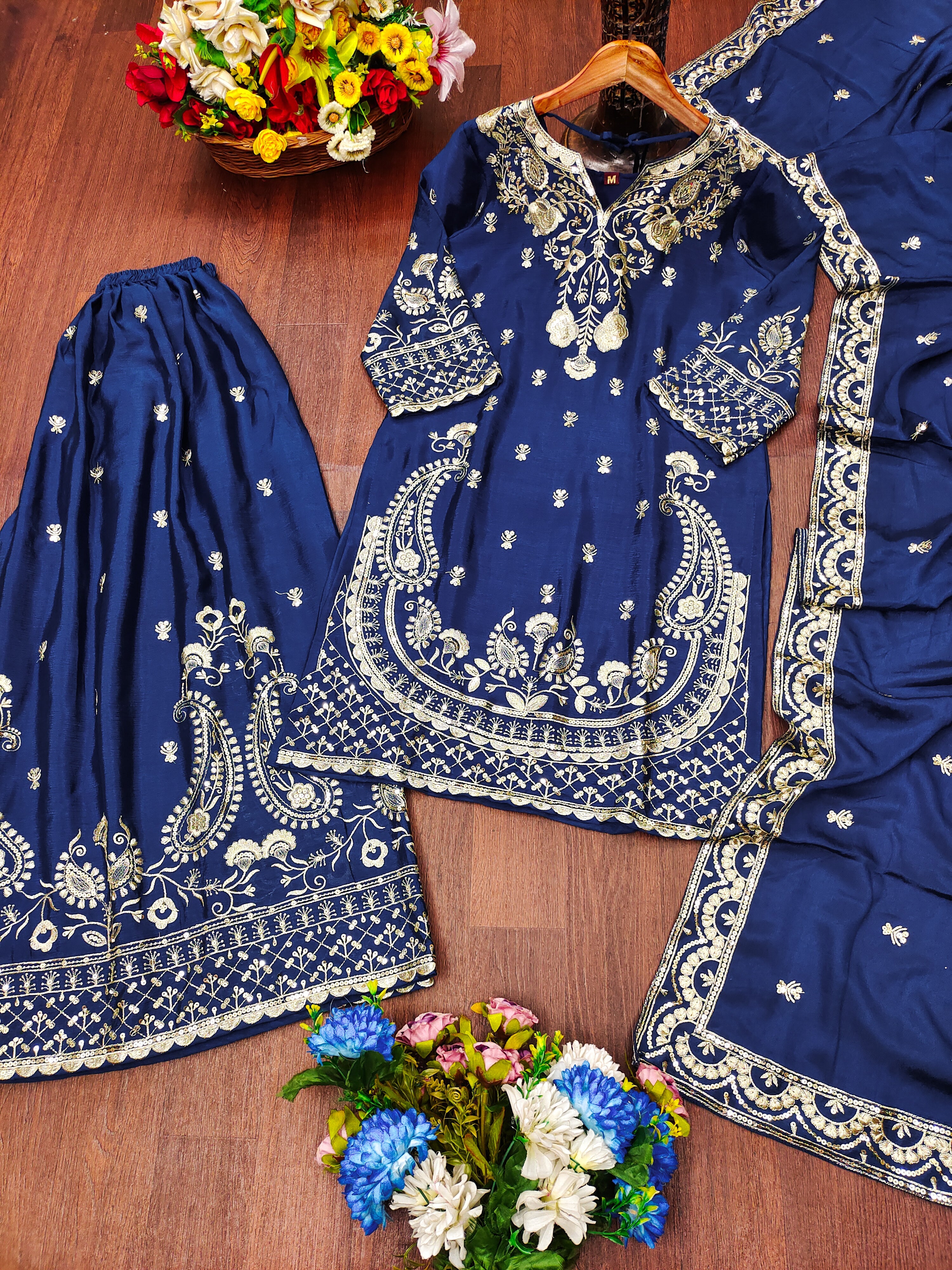 Designer Embroidered Chinon Sharara Suit And Dupatta