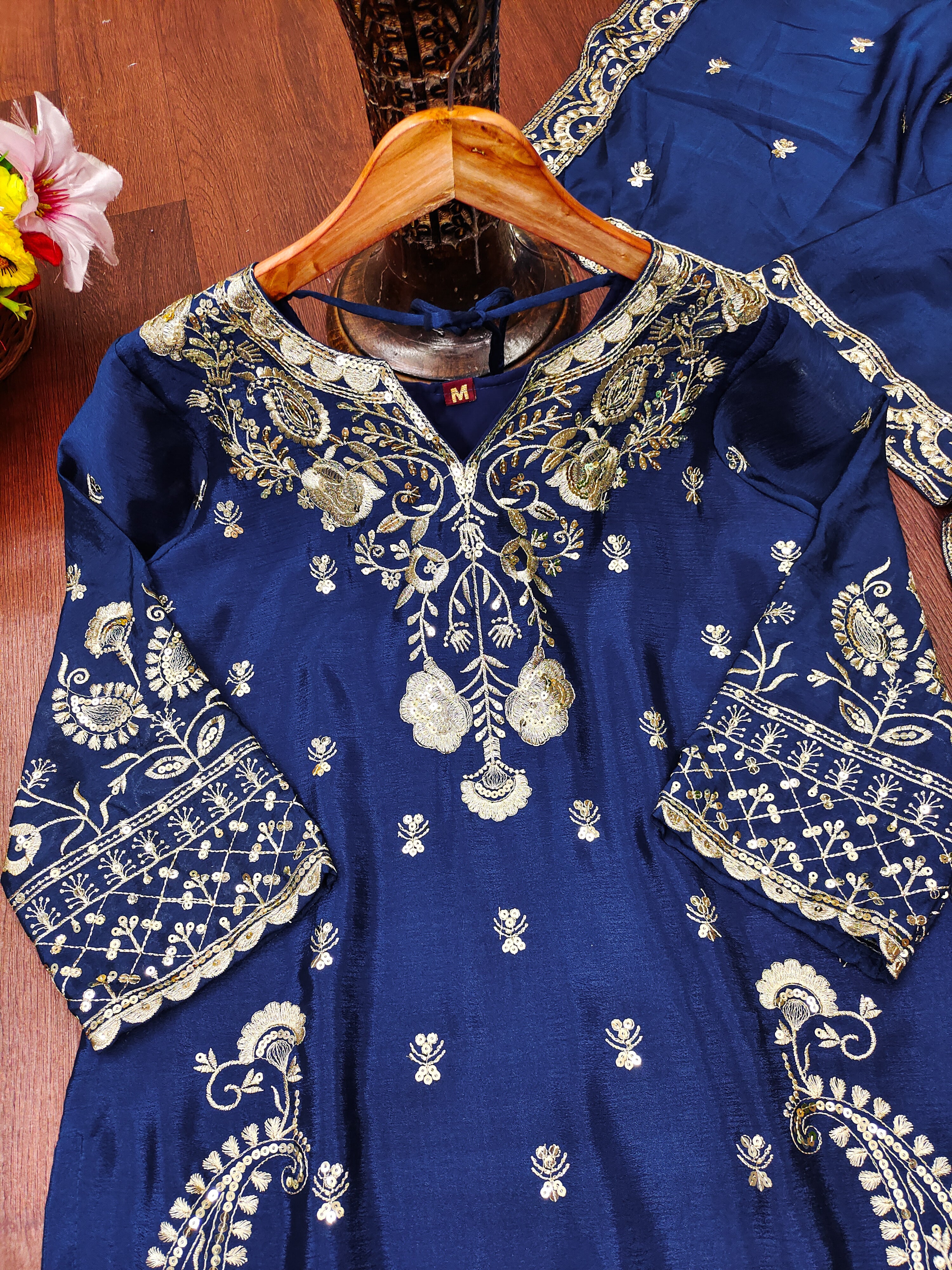 Designer Embroidered Chinon Sharara Suit And Dupatta