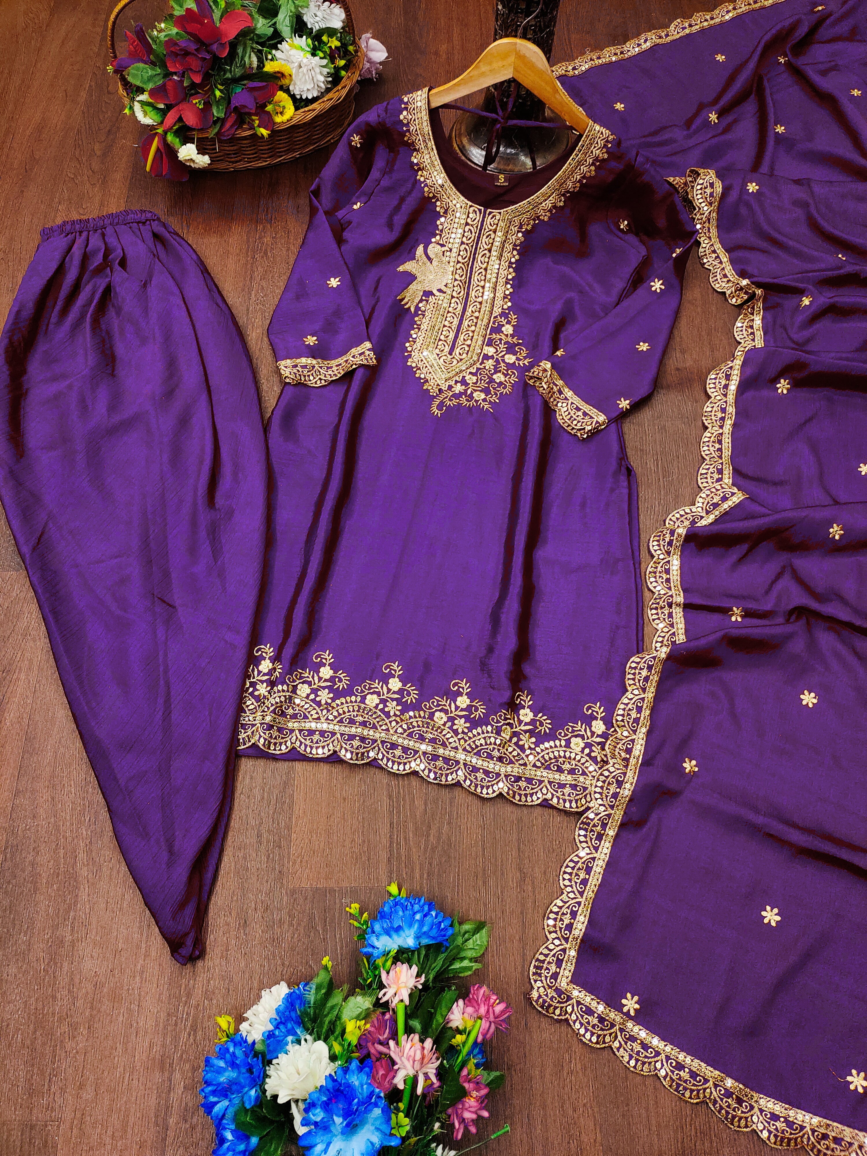 Designer Embroidered Chinon Dhoti Suit With Sequence Embroidered Work