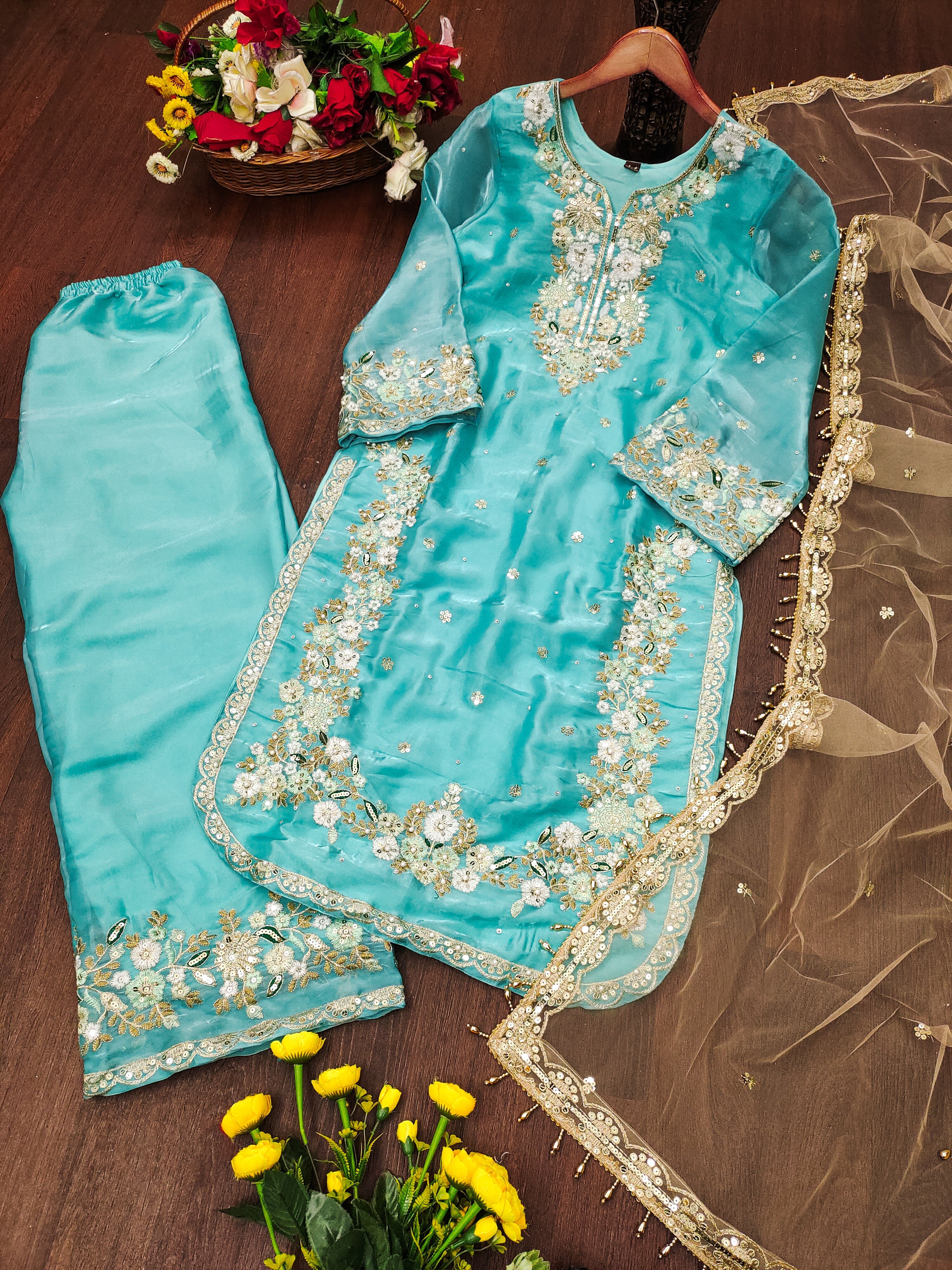 Designer Party Wear Suit Set With Sequence Embroidered Work