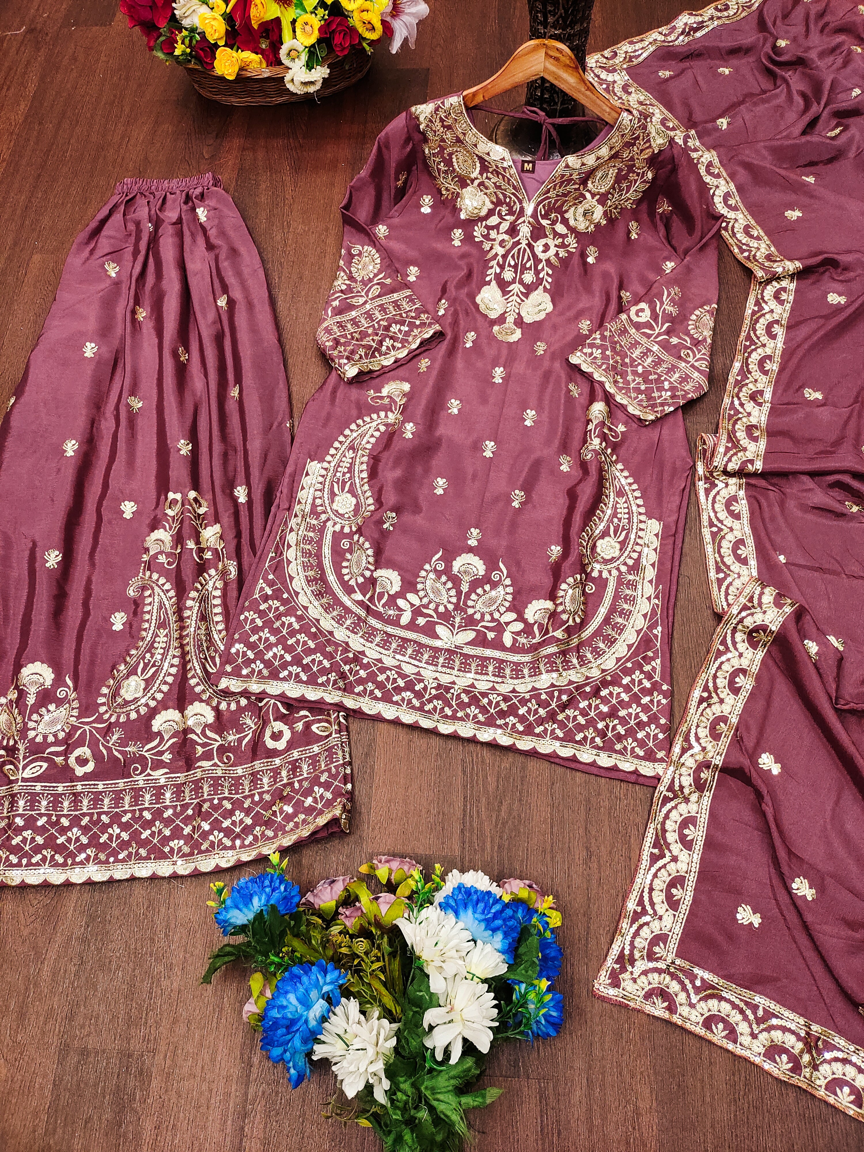 Designer Embroidered Chinon Sharara Suit And Dupatta