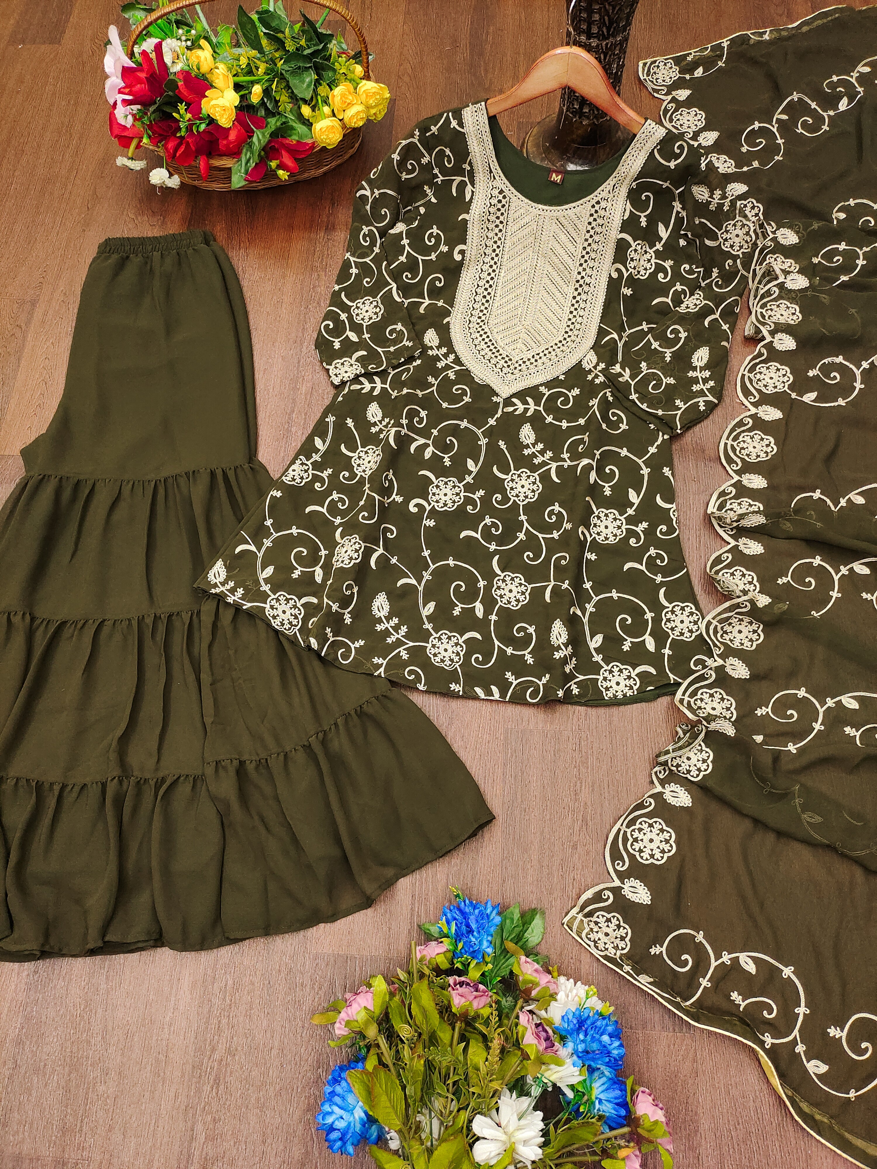 Designer Embroidered Georgette Sharara Suit With Dupatta