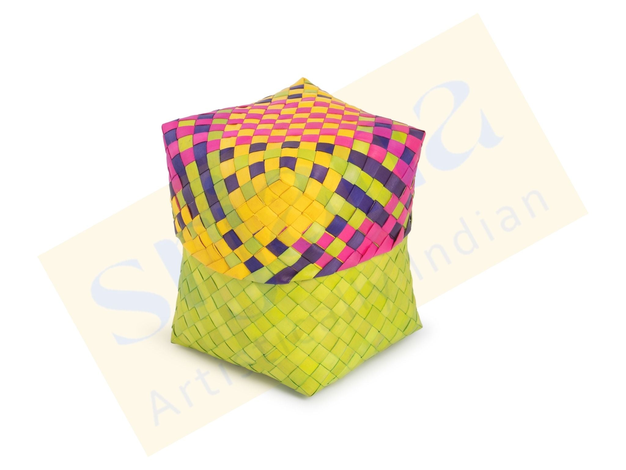 Colorful Square Palm Leaf Basket with Lid