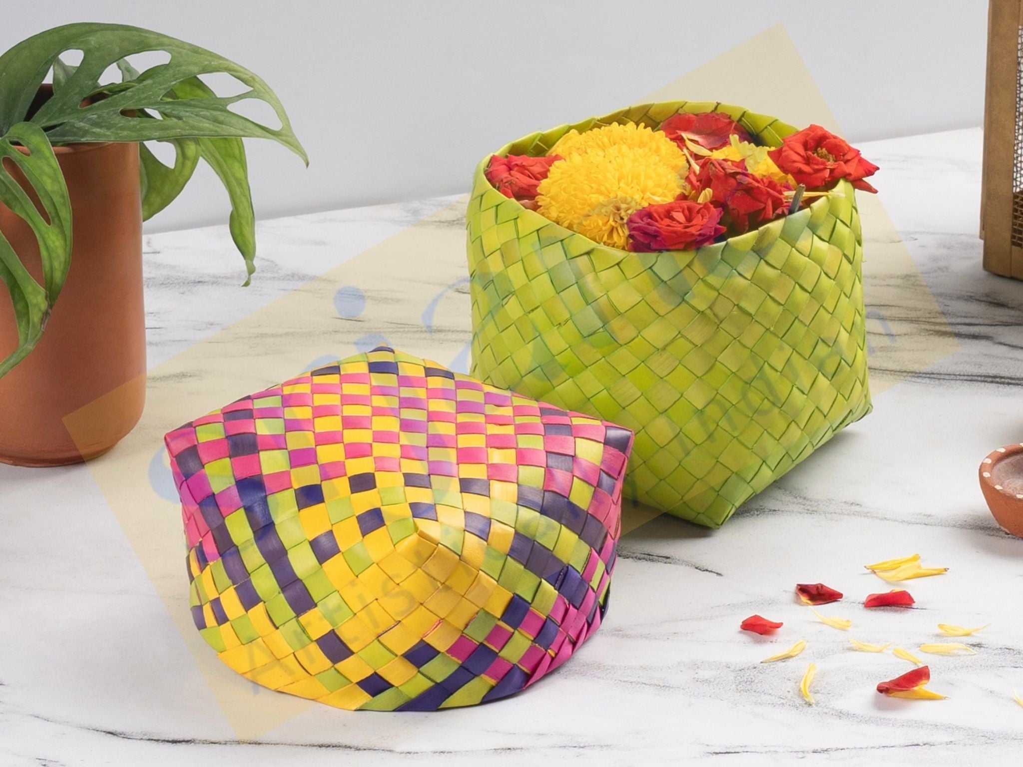 Colorful Square Palm Leaf Basket with Lid