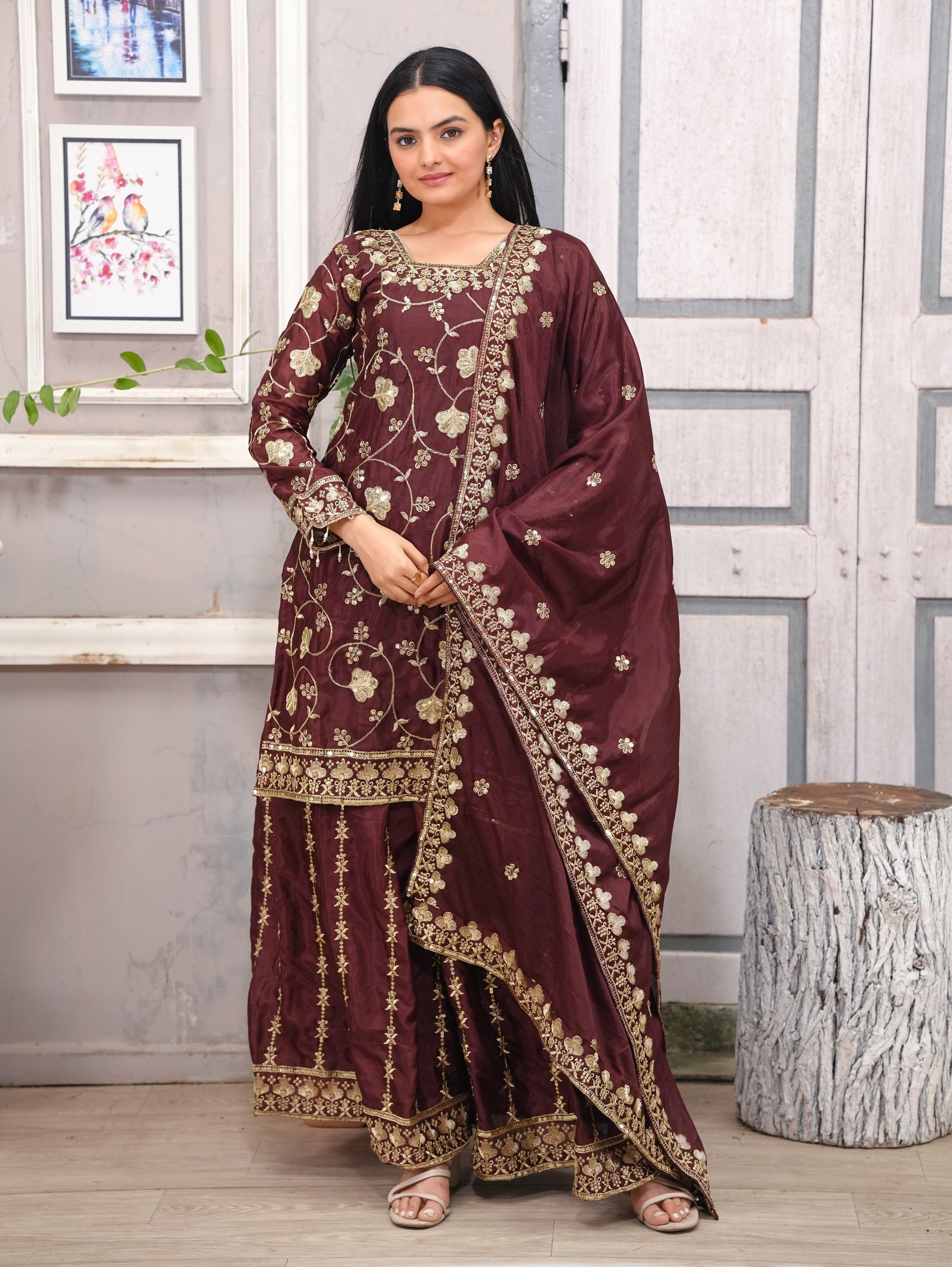 Designer Party Wear Sharara Suit With Sequence Embroidered Work