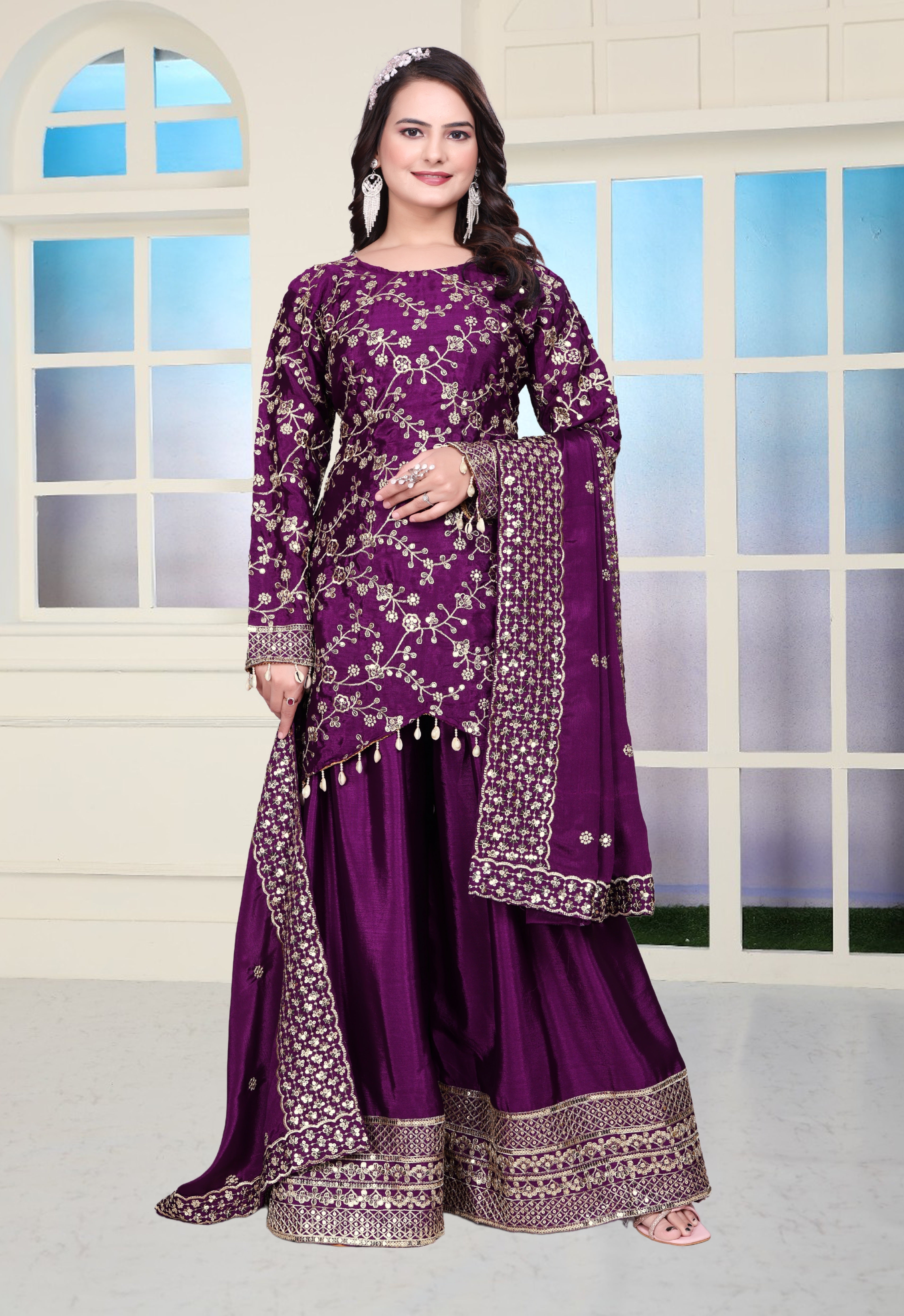 Designer Party Wear Sharara Suit With Sequence Embroidered Work