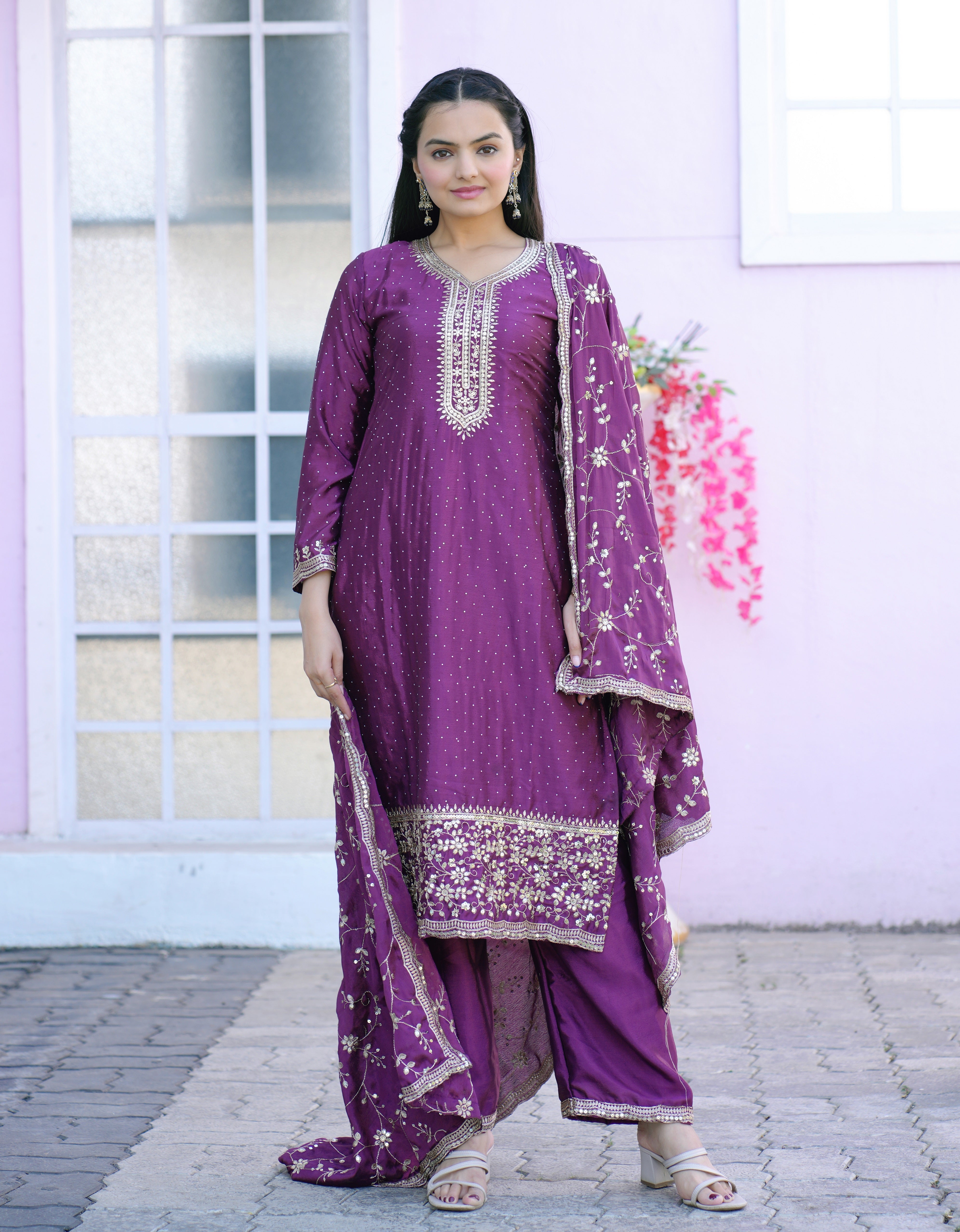 Designer Party Wear Suit With Sequence Embroidered Work And Stone Work