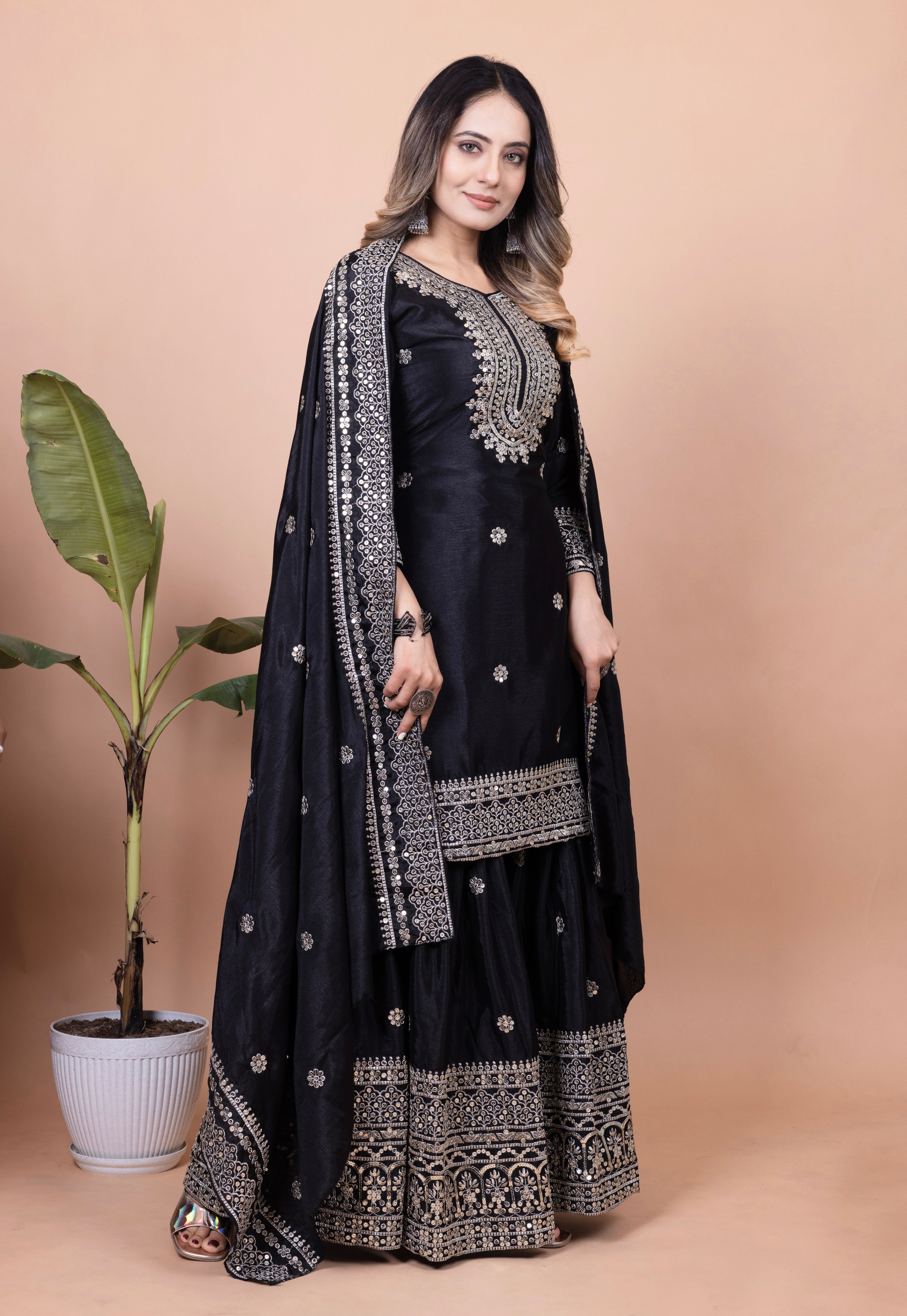 Designer Sharara Suit And Dupatta With Sequence Embroidered Work