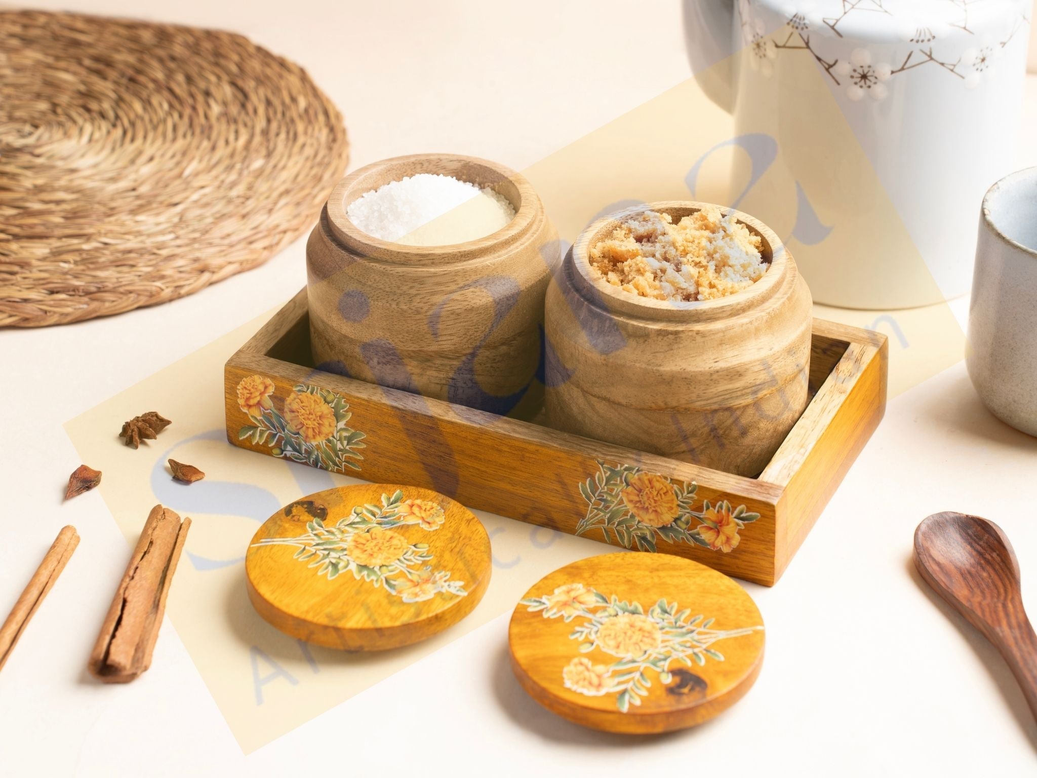 Handcrafted Wooden Jar Pair with Tray