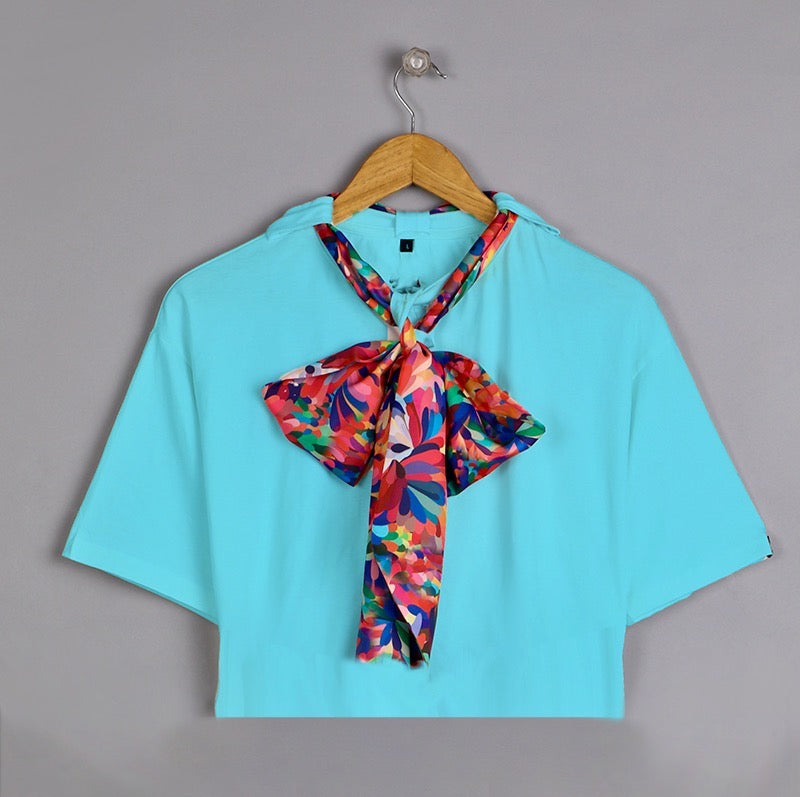 3-Pack Classy Knot Neck Tie Cropped Tees: Fog Grey, Black & Sky Blue