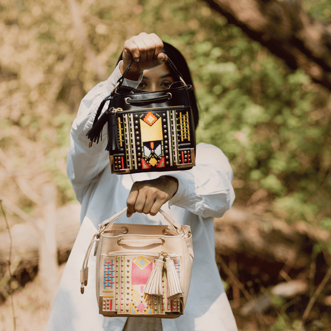 Nora Vegan Leather Embroidered Sling Bag – Black