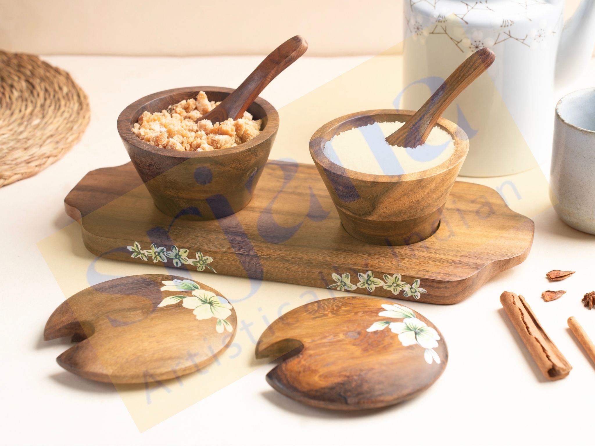 Hand-Painted Flower Motif Mango Wood Multipurpose Jar Set with Tray & Spoons