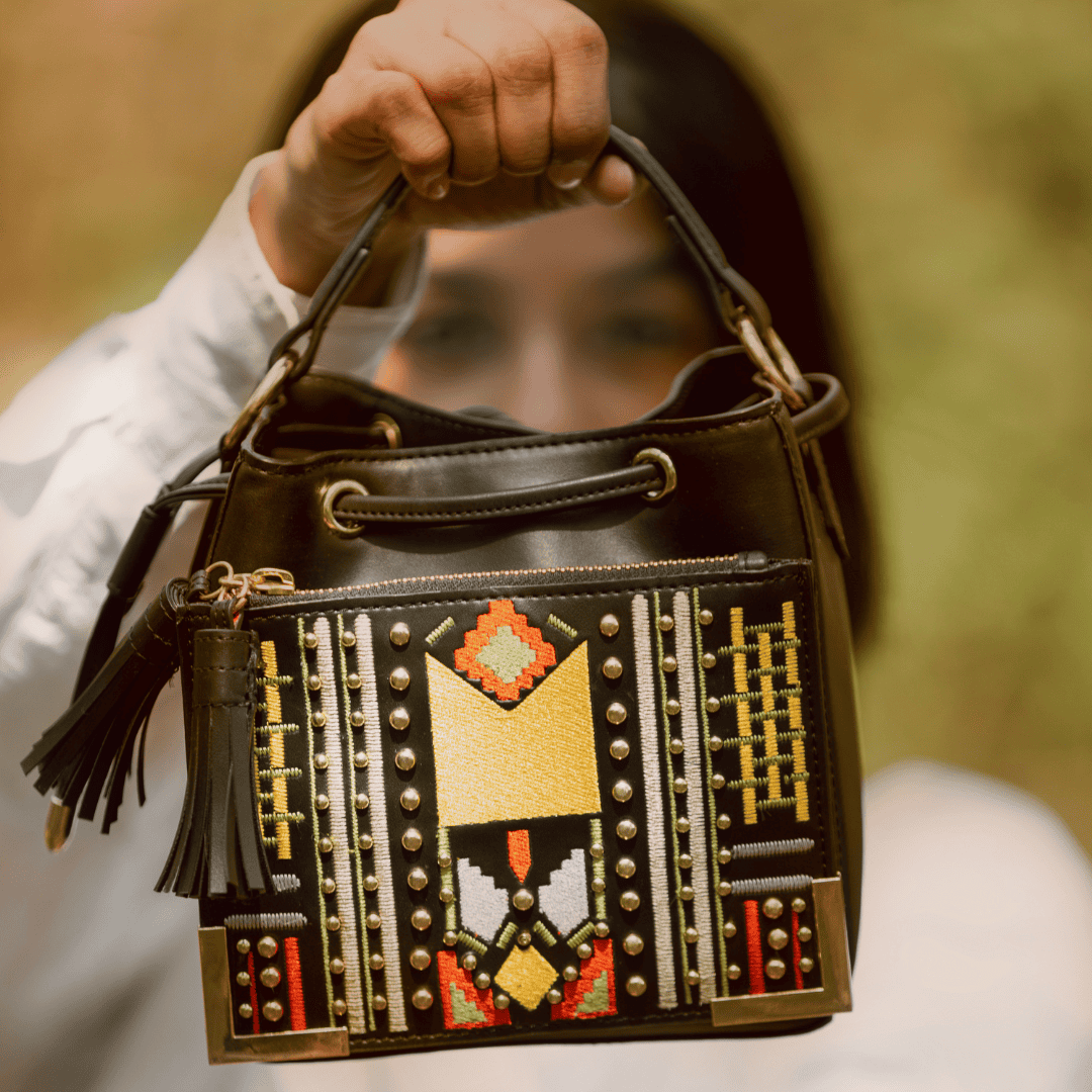 Nora Vegan Leather Embroidered Sling Bag – Black