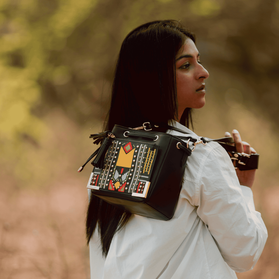 Nora Vegan Leather Embroidered Sling Bag – Black