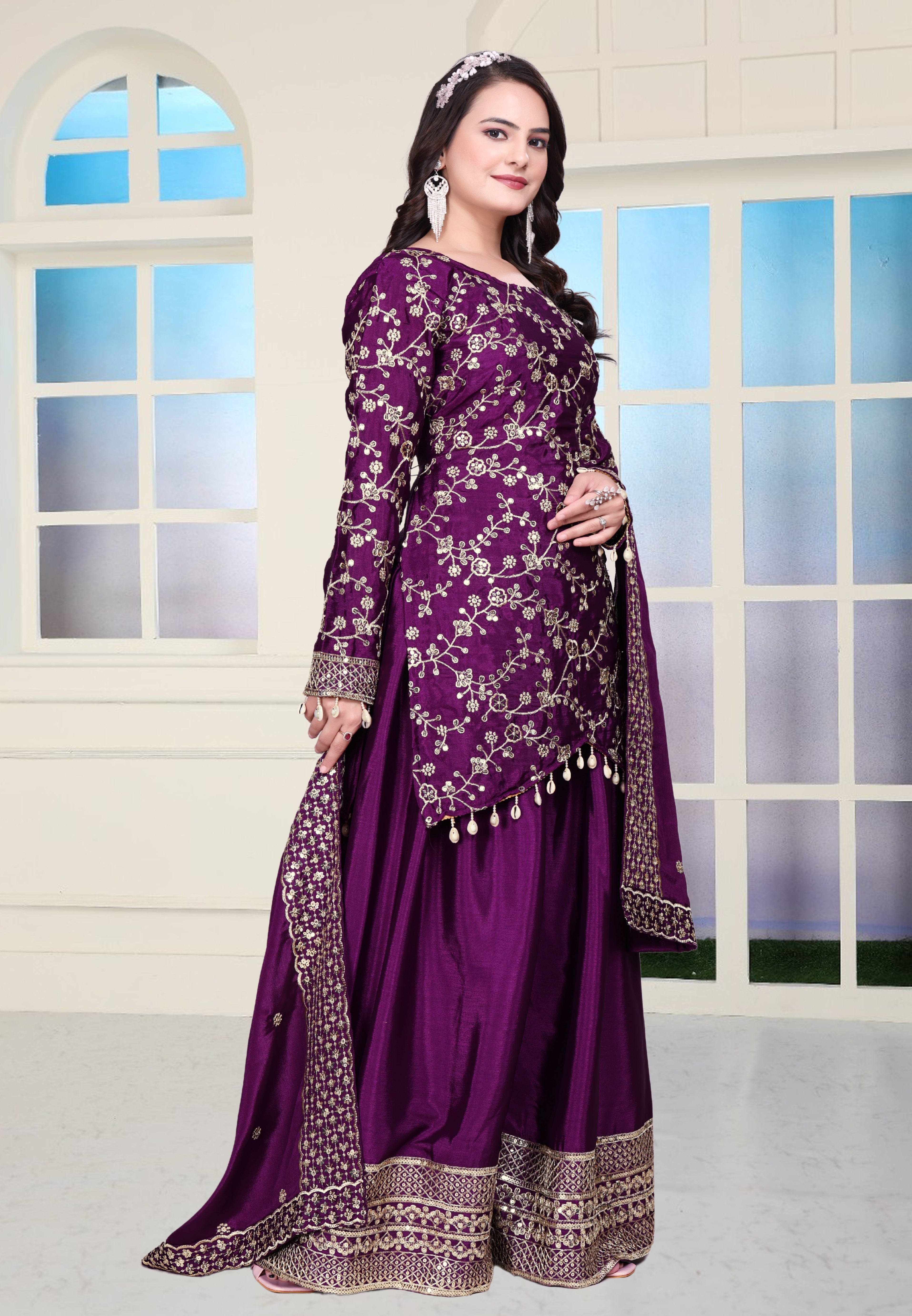 Designer Party Wear Sharara Suit With Sequence Embroidered Work