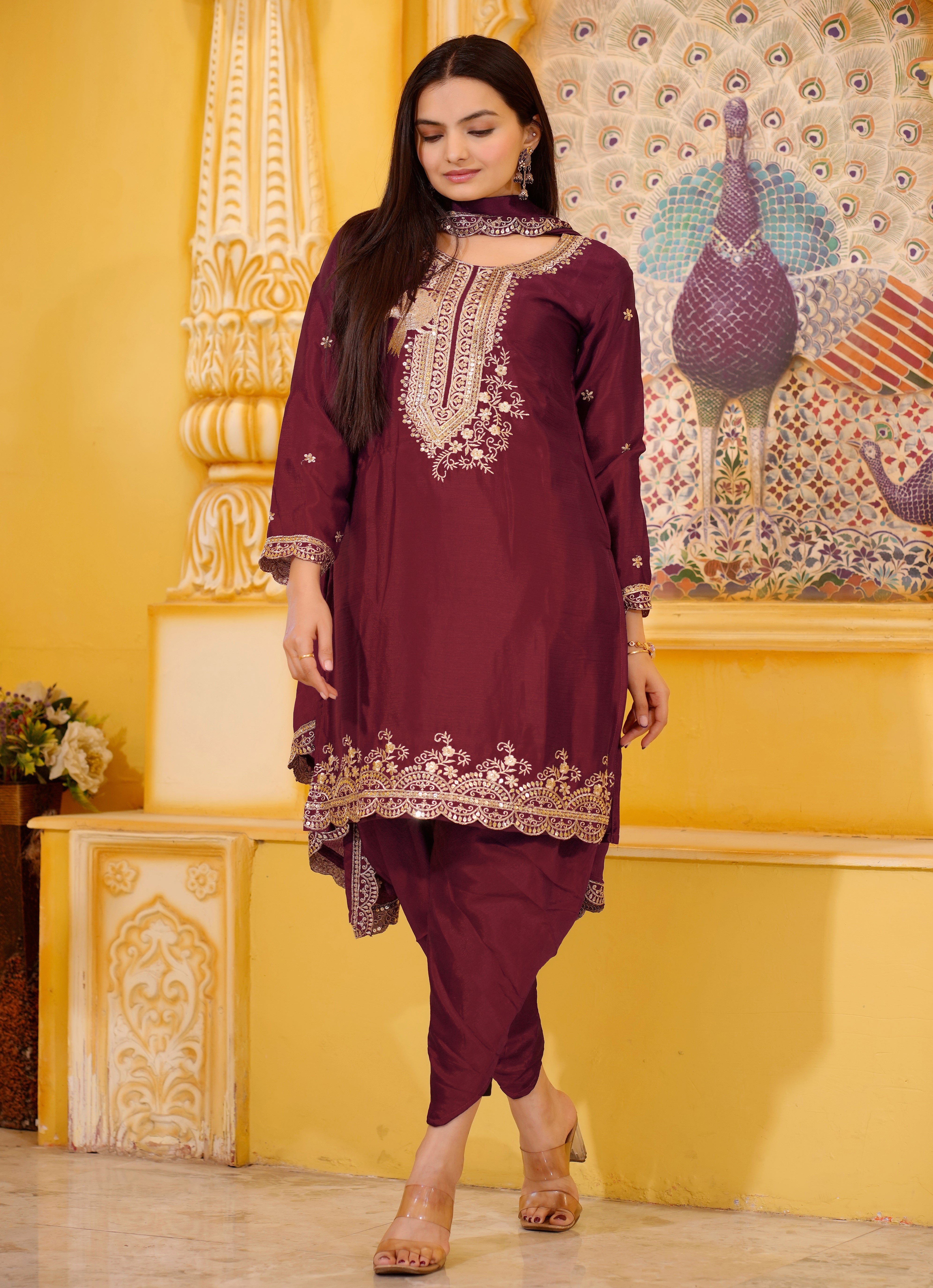 Designer Embroidered Chinon Dhoti Suit With Sequence Embroidered Work