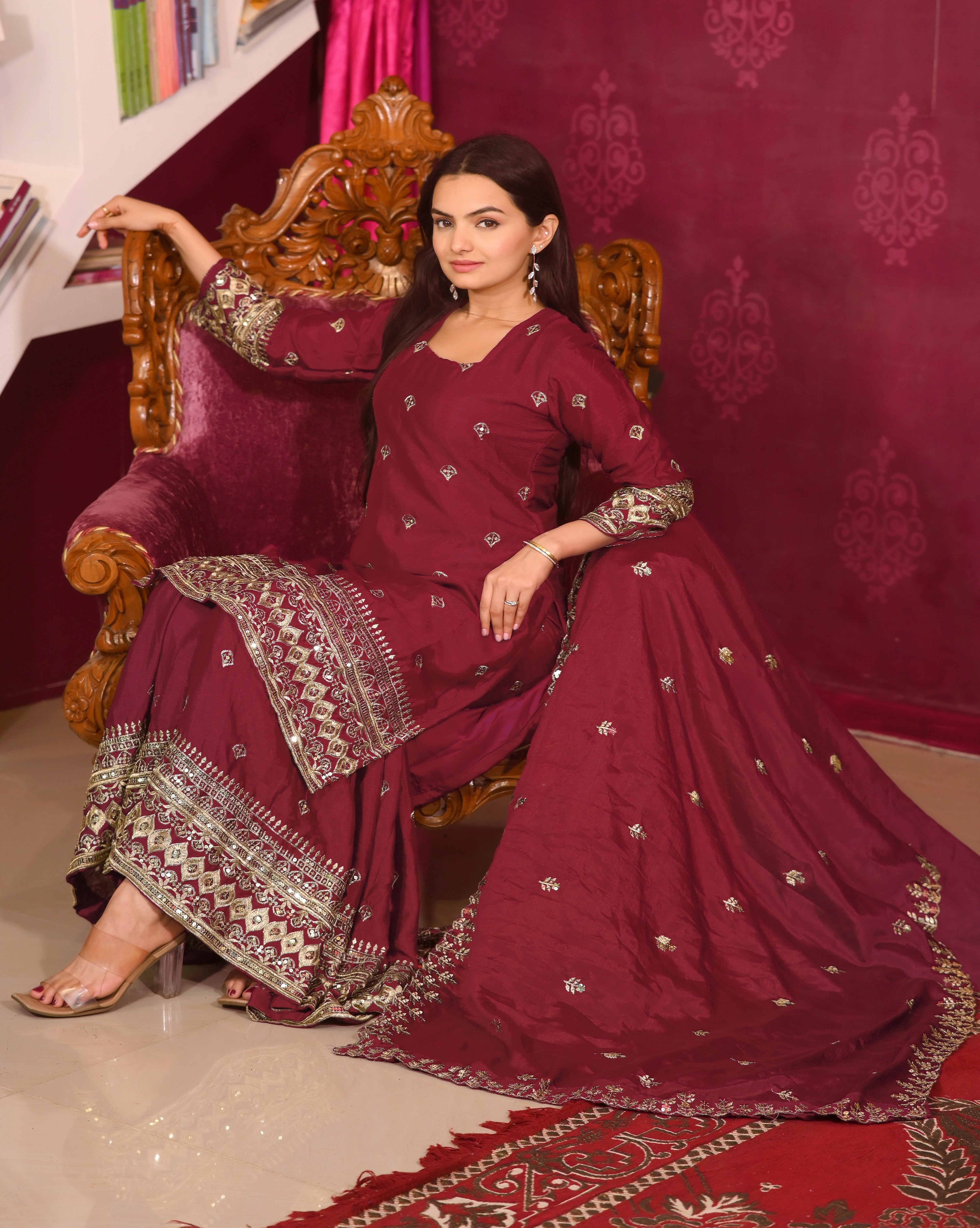 Designer Embroidered Chinon Suit With Sequence Embroidered Work