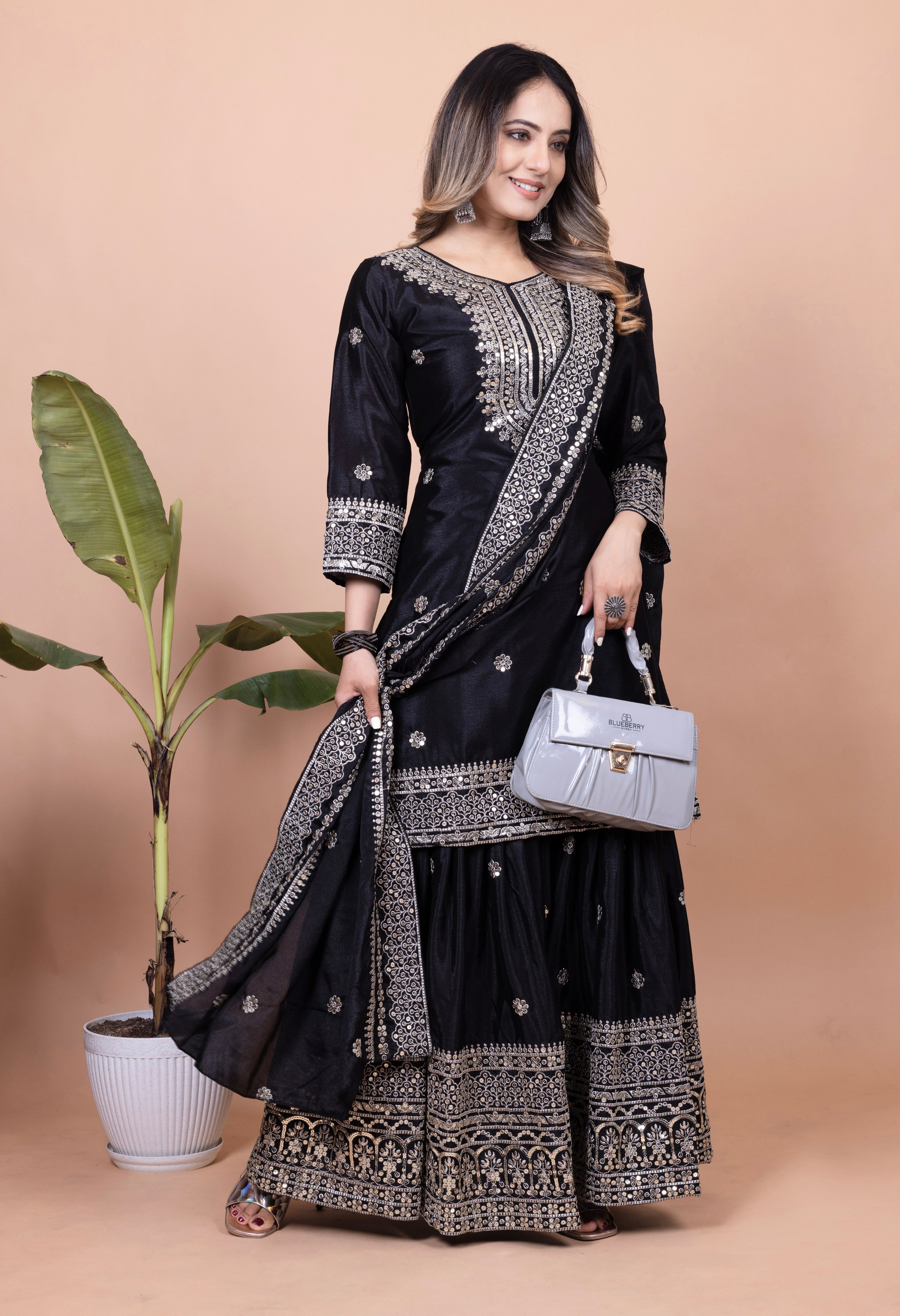 Designer Sharara Suit And Dupatta With Sequence Embroidered Work