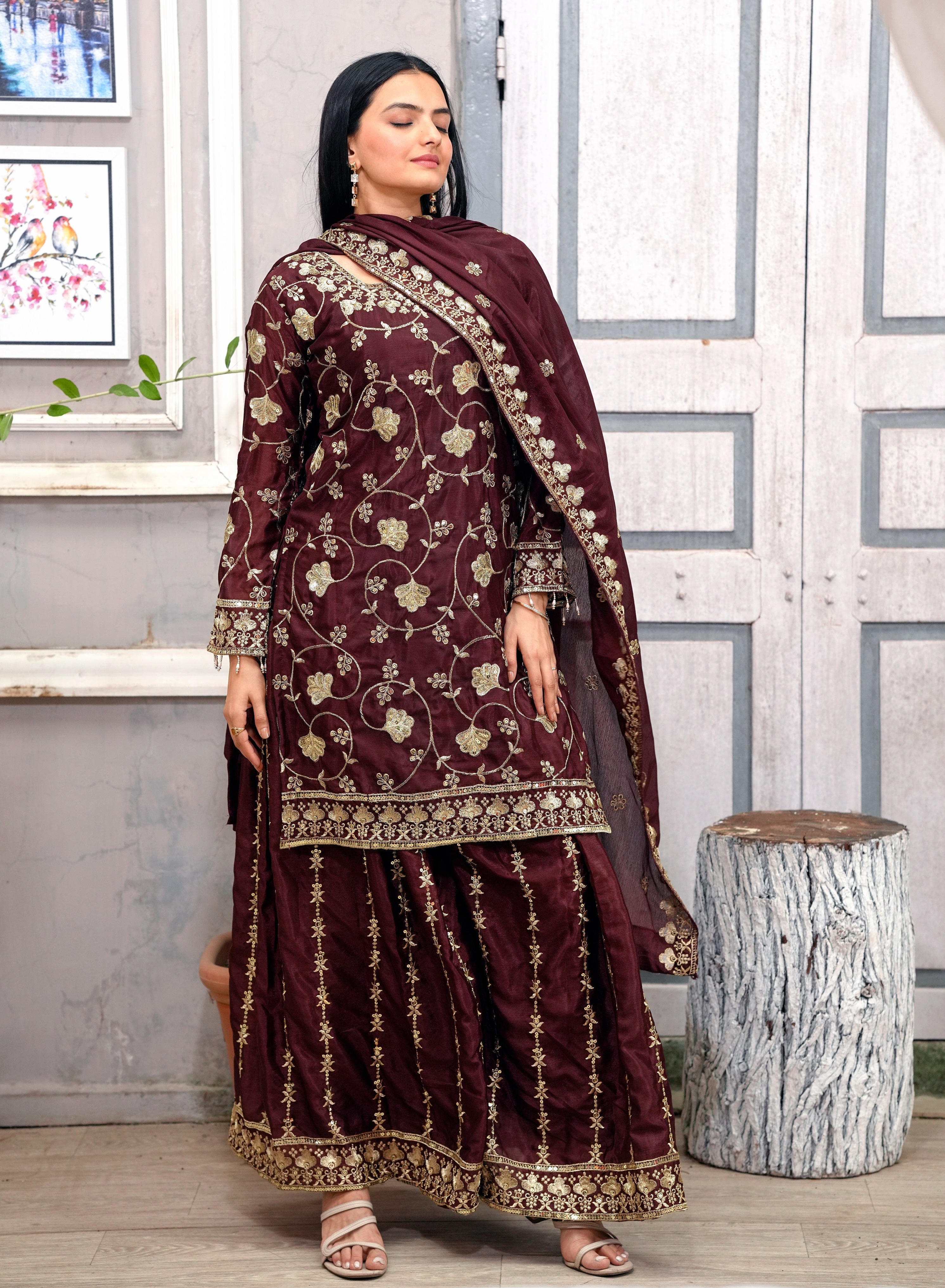 Designer Party Wear Sharara Suit With Sequence Embroidered Work