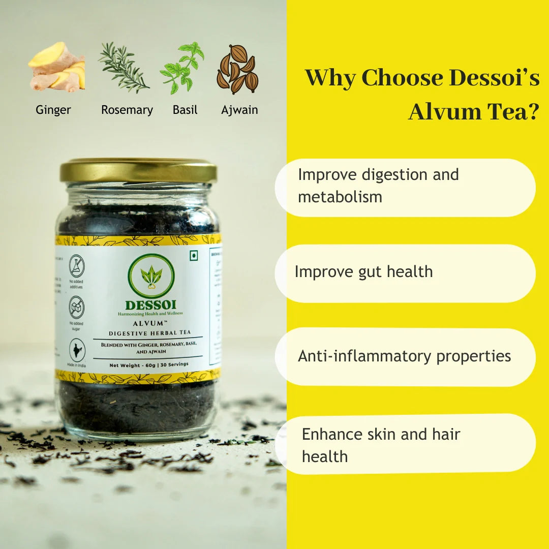 Alvum Herbal Tea for Digestion & Gut Health | With Ginger, Rosemary, Ajwain and Basil