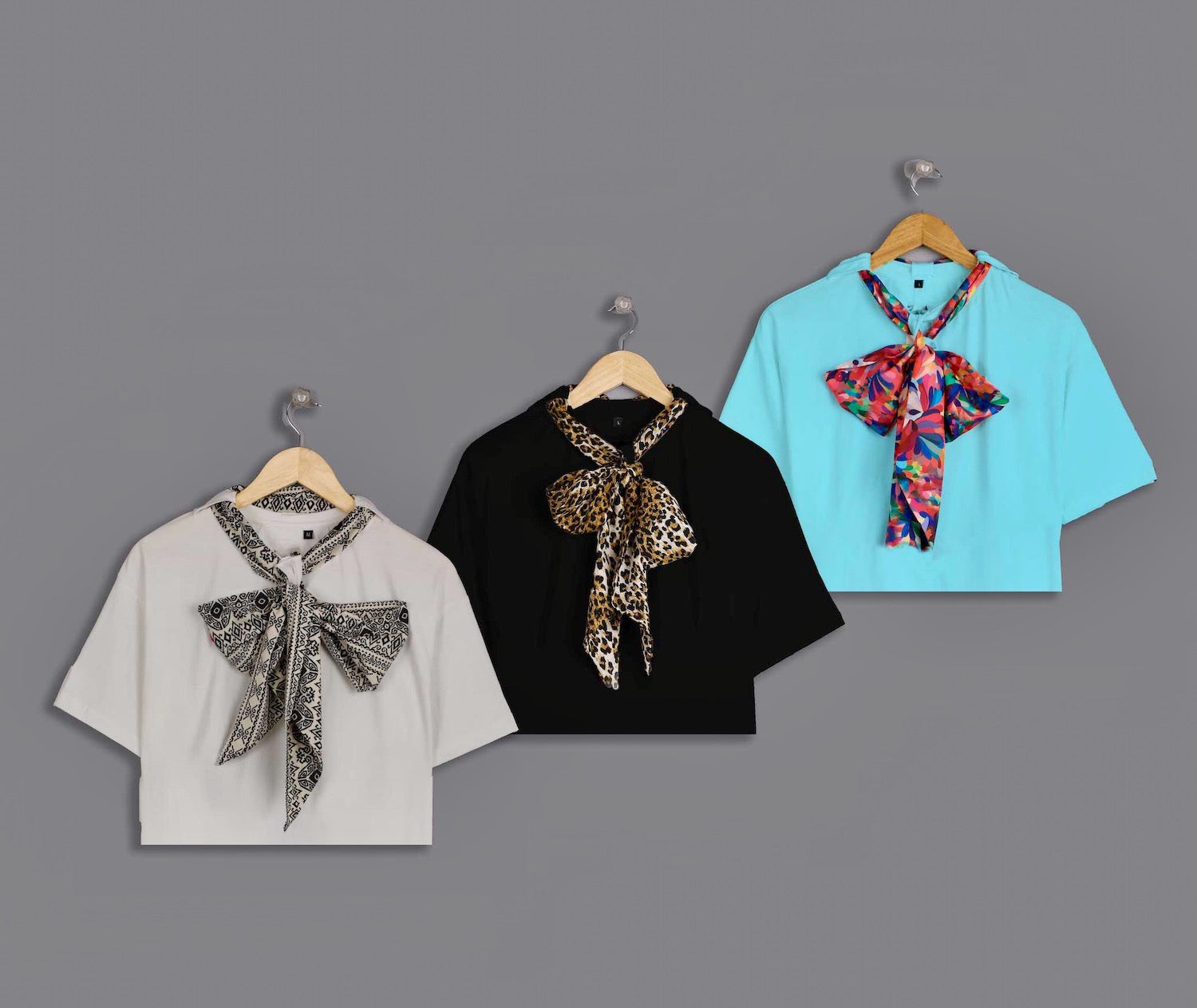 3-Pack Classy Knot Neck Tie Cropped Tees: Fog Grey, Black & Sky Blue