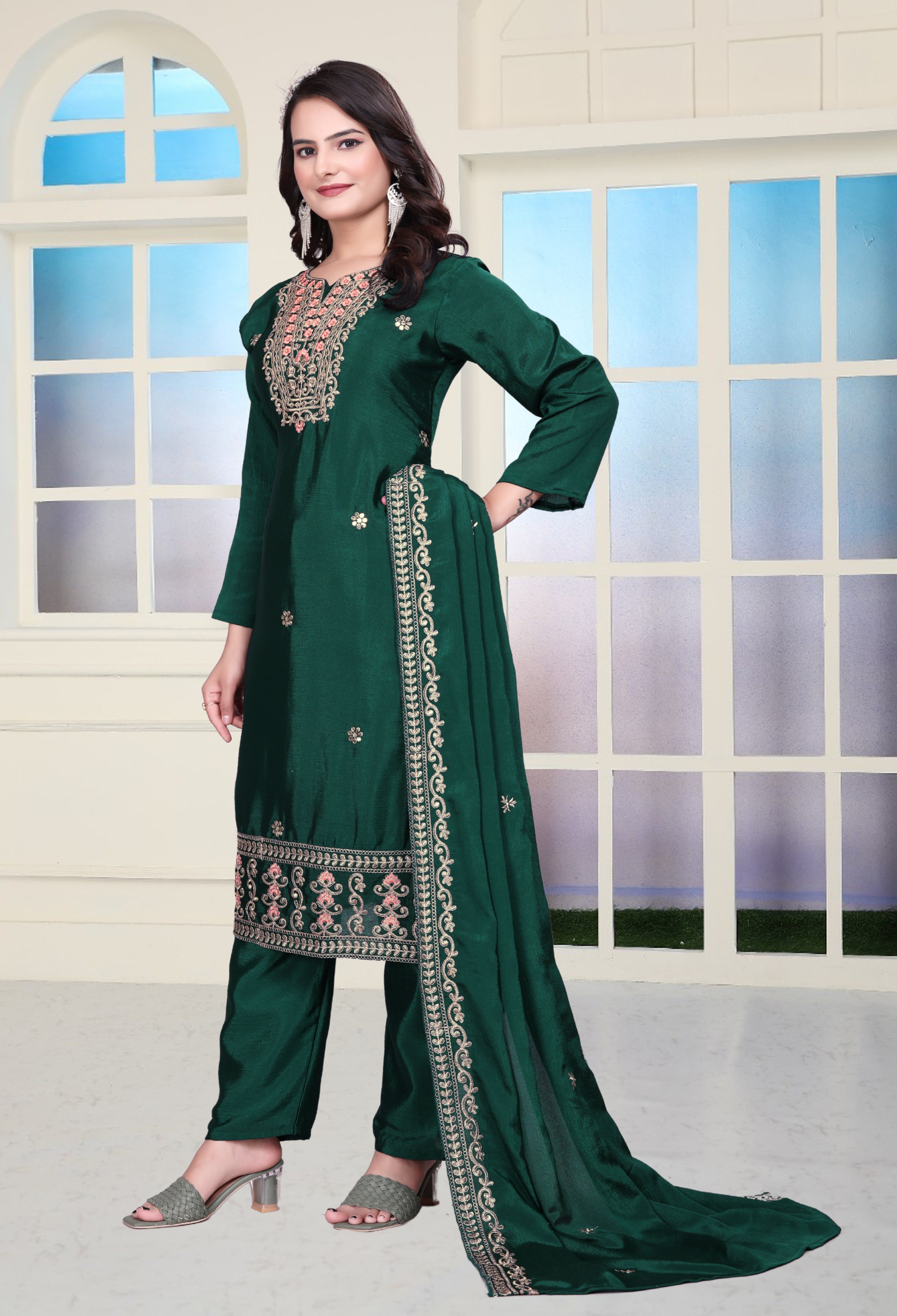 Beautiful Suit Set With Coding Sequence Embroidered Work