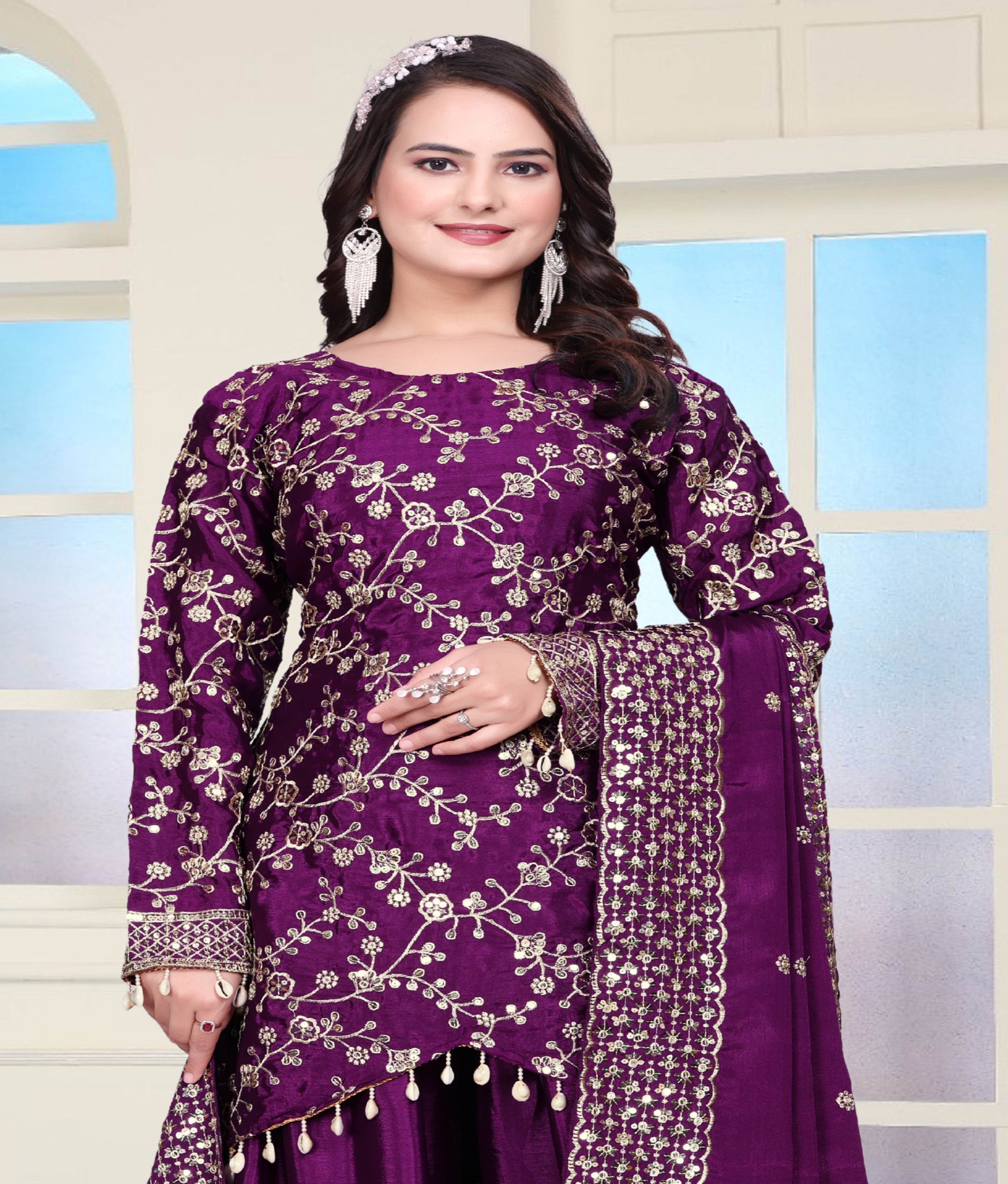 Designer Party Wear Sharara Suit With Sequence Embroidered Work