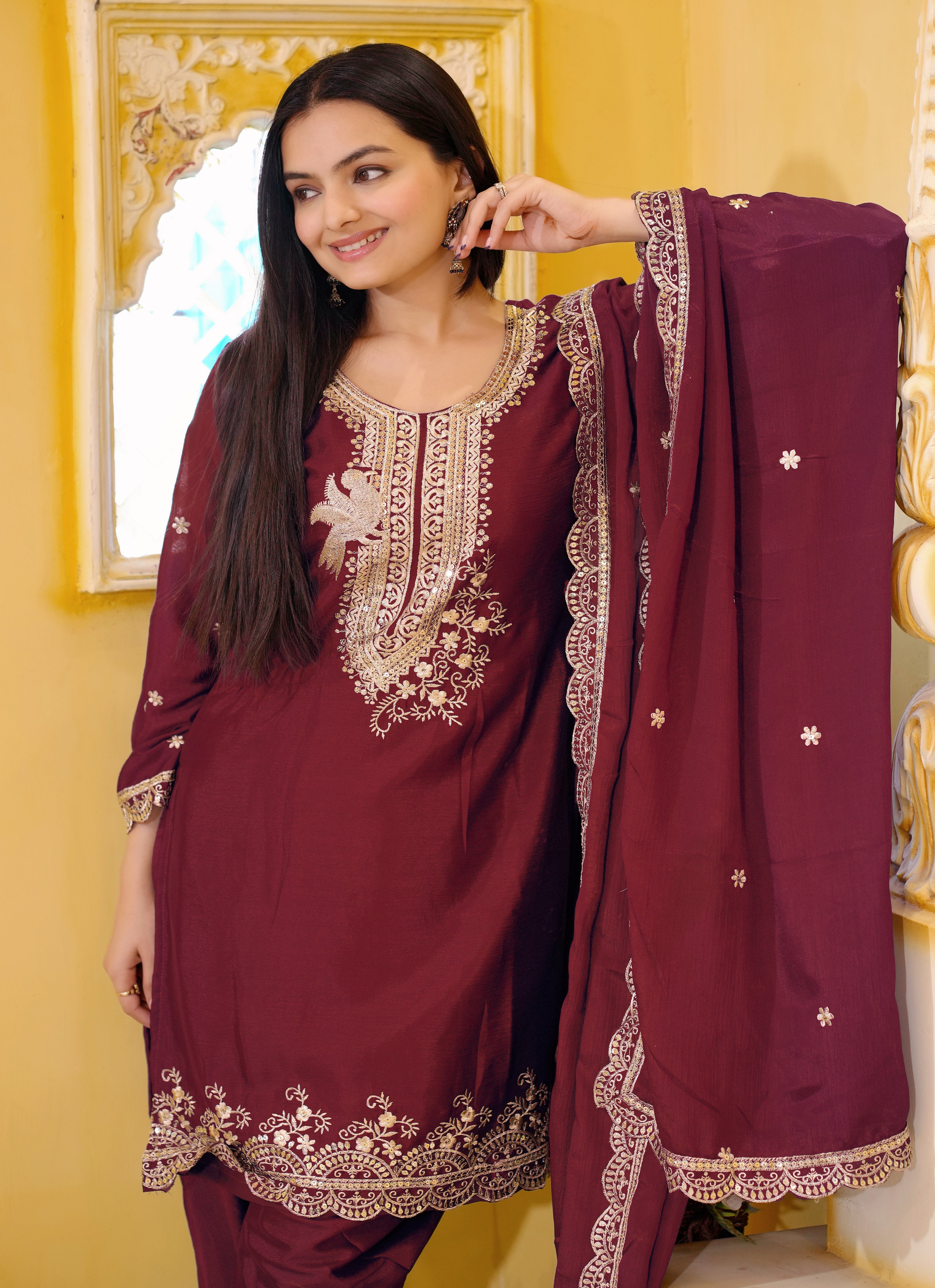 Designer Embroidered Chinon Dhoti Suit With Sequence Embroidered Work